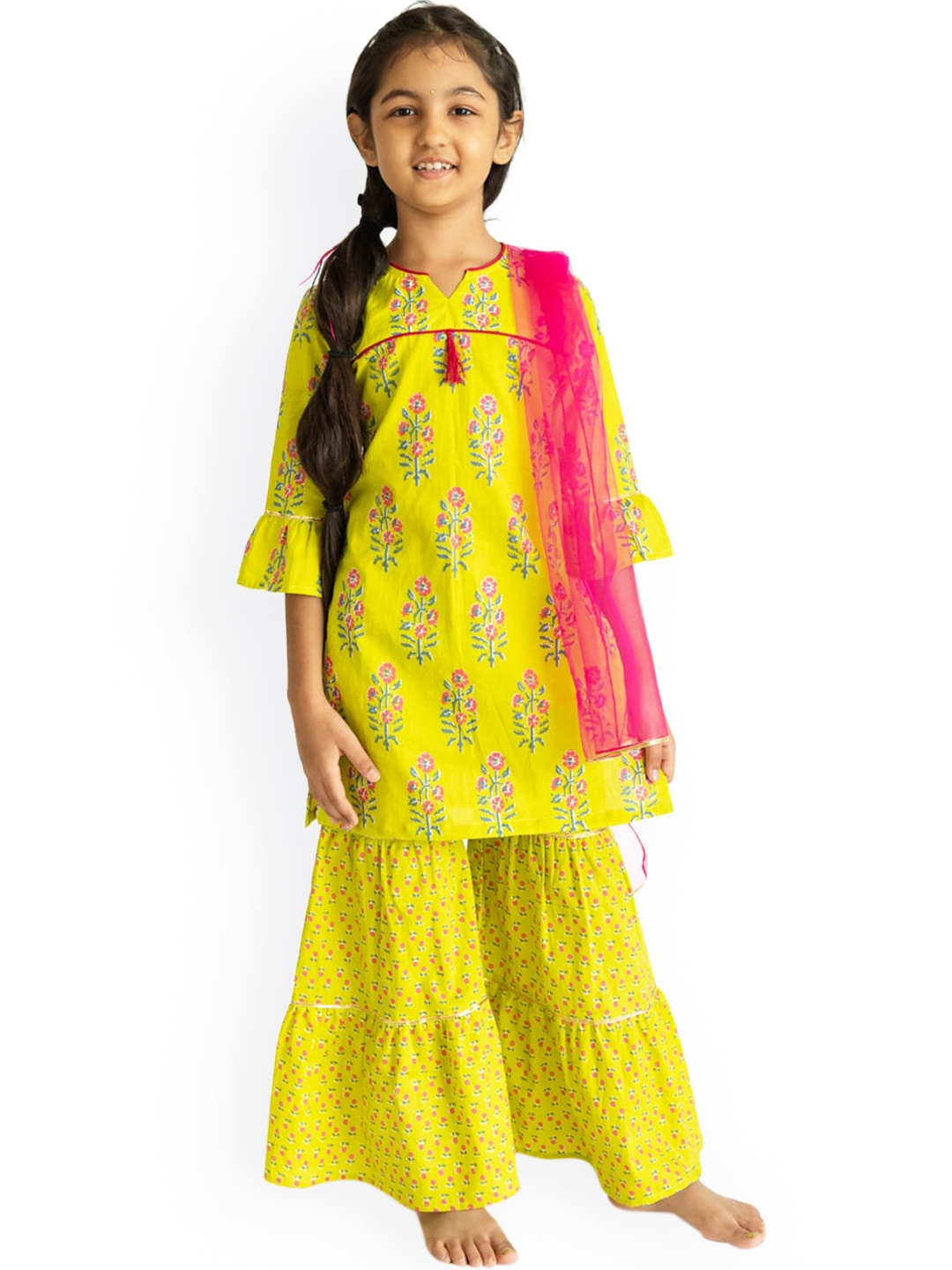 

Campana Girls Lime Green Floral Printed Pure Cotton Kurta with Sharara & With Dupatta