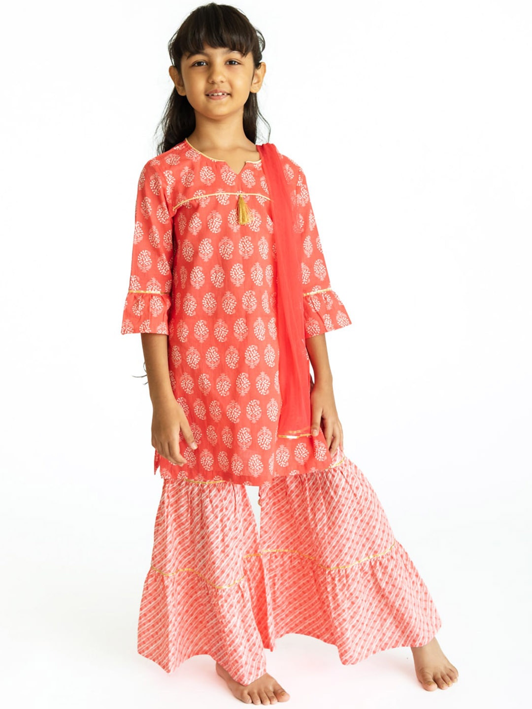 

Campana Girls Peach-Coloured Paisley Printed Gotta Patti Pure Cotton Kurti with Sharara & With Dupatta