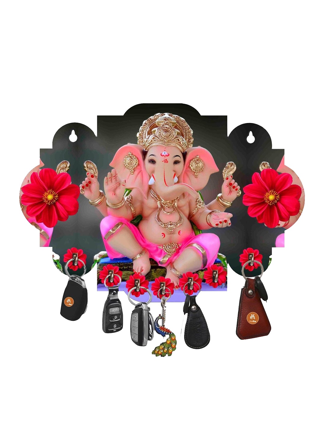 

Fashion Bizz Pink Lord Ganesha Printed Wooden Key Holder With 7 Hooks