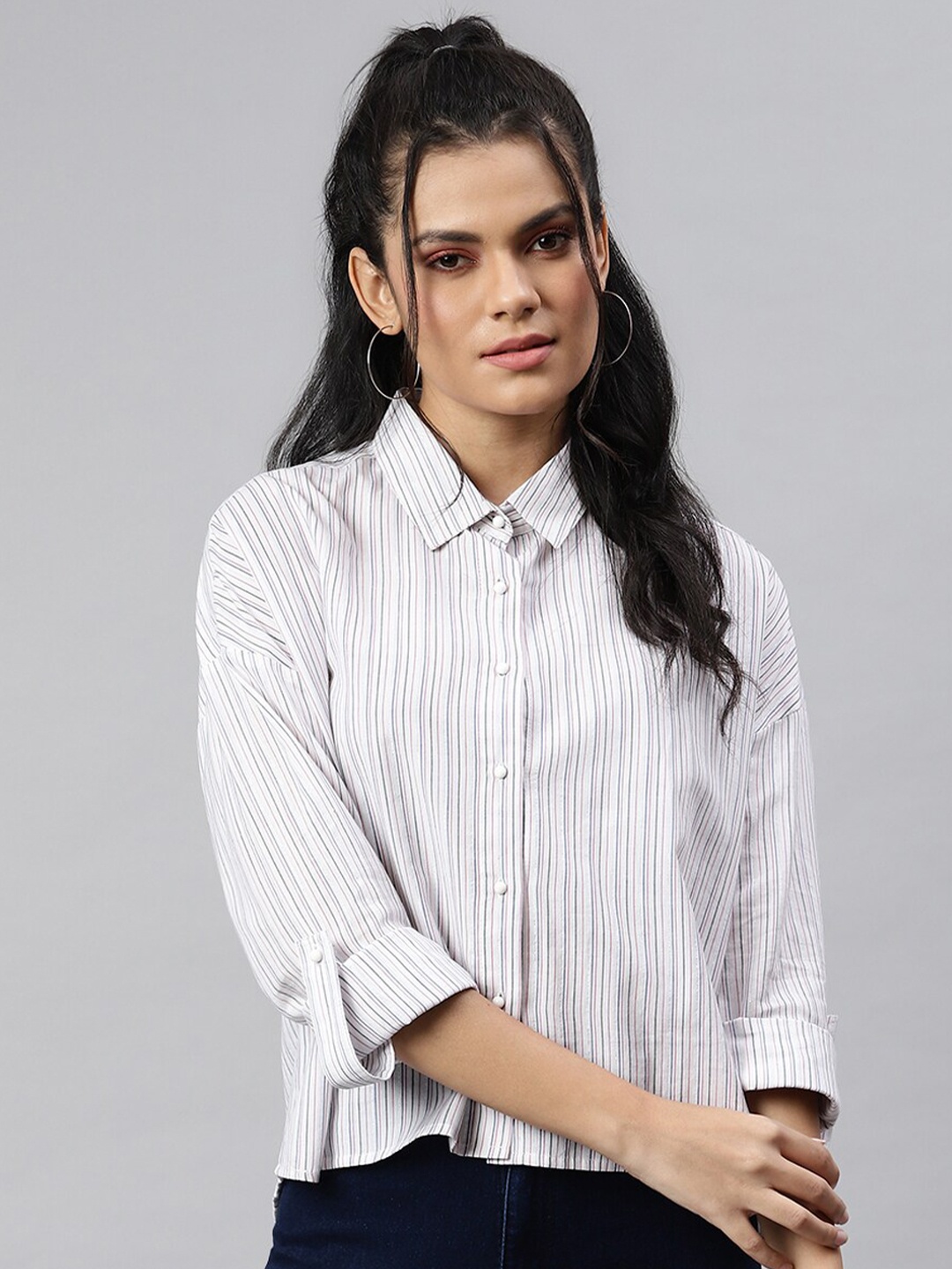 

JUNE & HARRY Women White Striped Cotton Casual Shirt