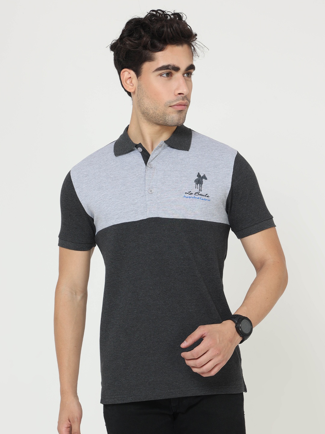 

Masculino Latino Men Charcoal & Grey Colourblocked Cotton Polo Collar T-shirt