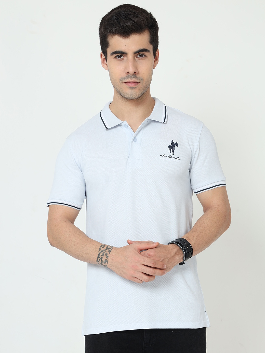 

Masculino Latino Men Turquoise Blue Polo Collar T-shirt