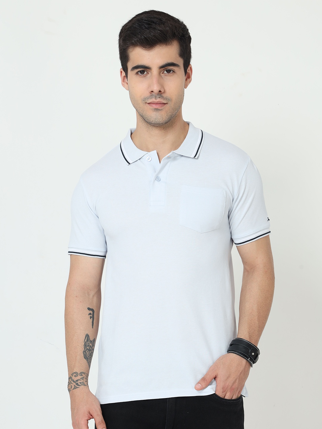 

Masculino Latino Plus Men Turquoise Blue Polo Collar T-shirt