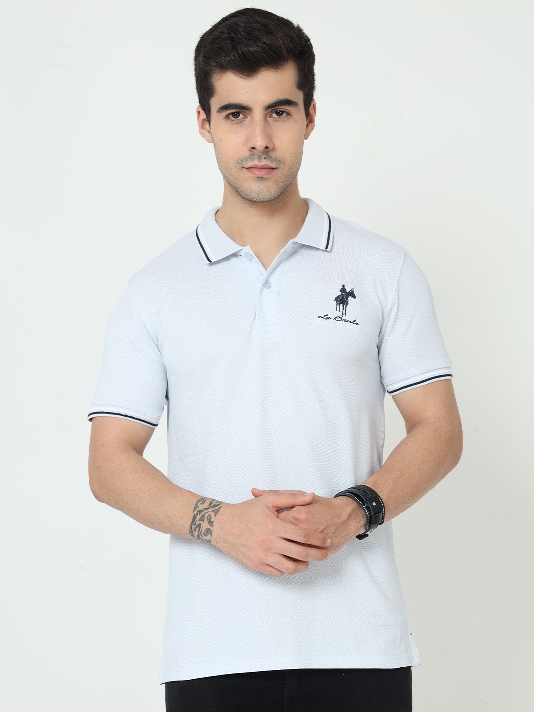 

Masculino Latino Plus Men Turquoise Blue Polo Collar T-shirt