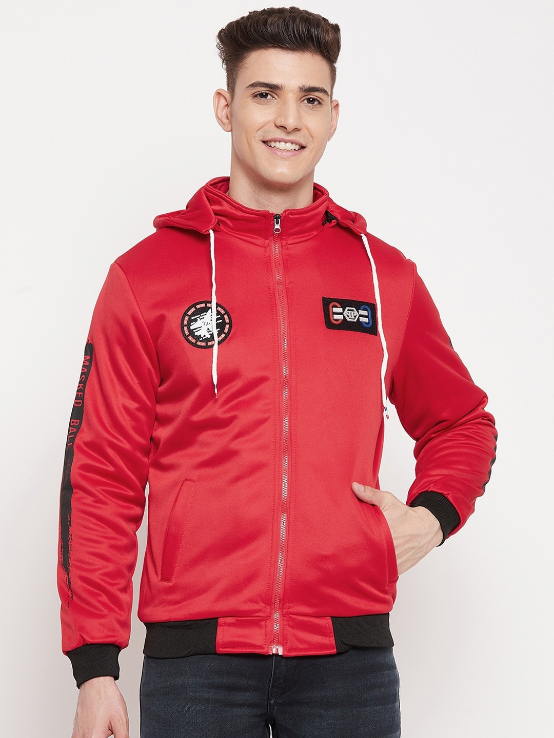 

Camey Men Red Black Colourblocked Lightweight Polyester Hooded Bomber Jacket