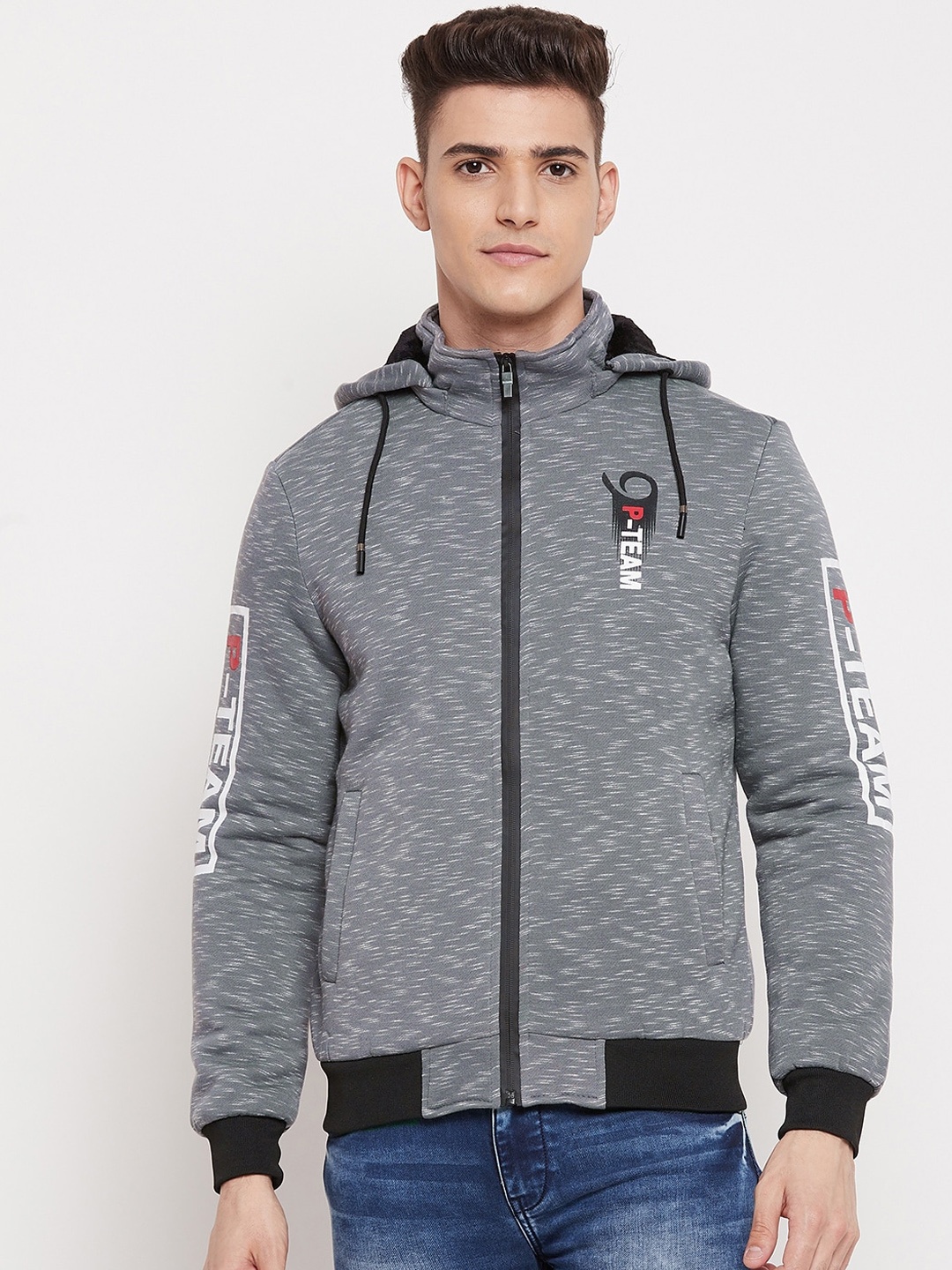 

Camey Men Grey Lightweight Polyester Hooded Bomber Jacket