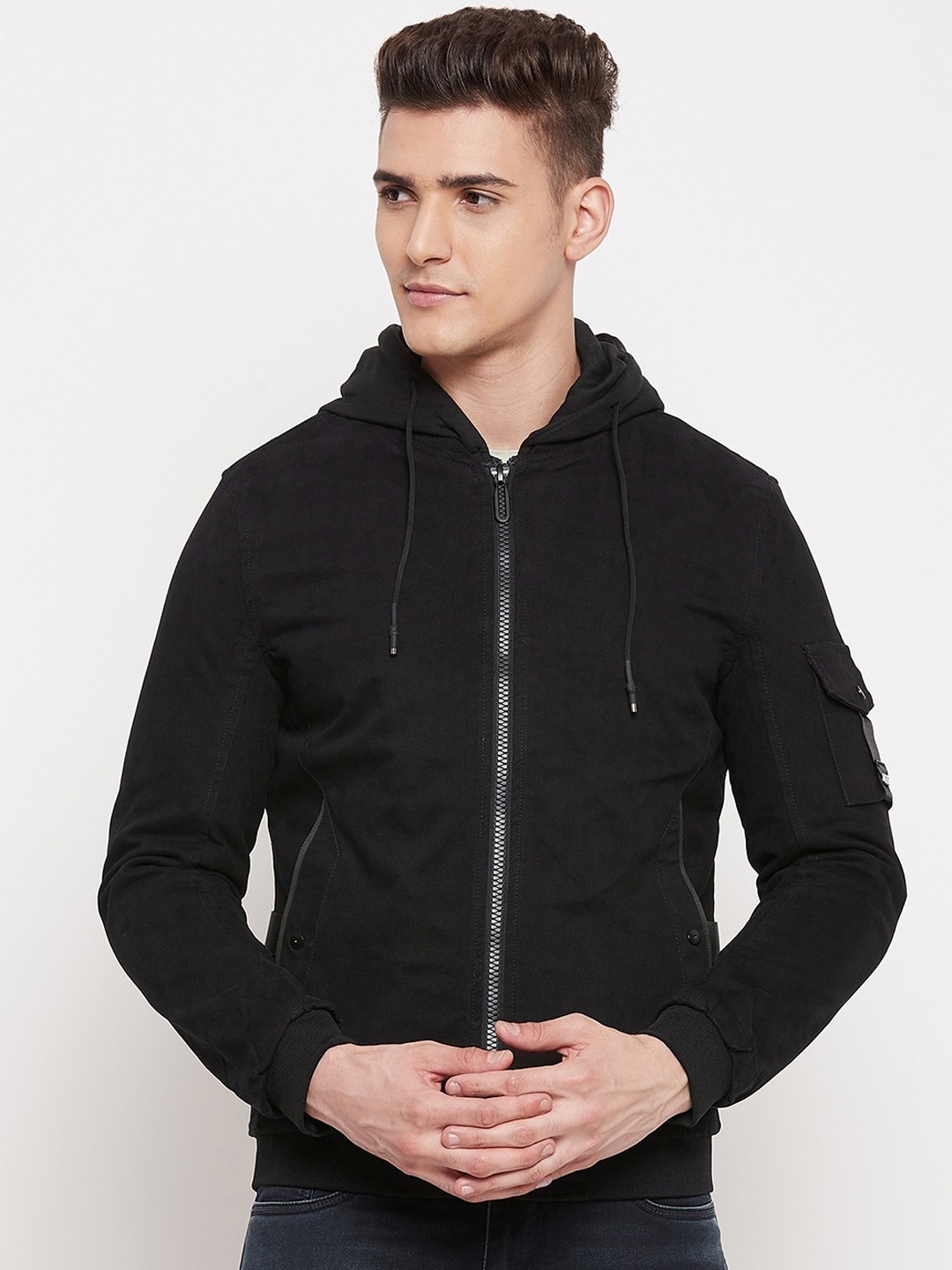 

Camey Men Black Solid Lightweight Polyester Hooded Bomber Jacket