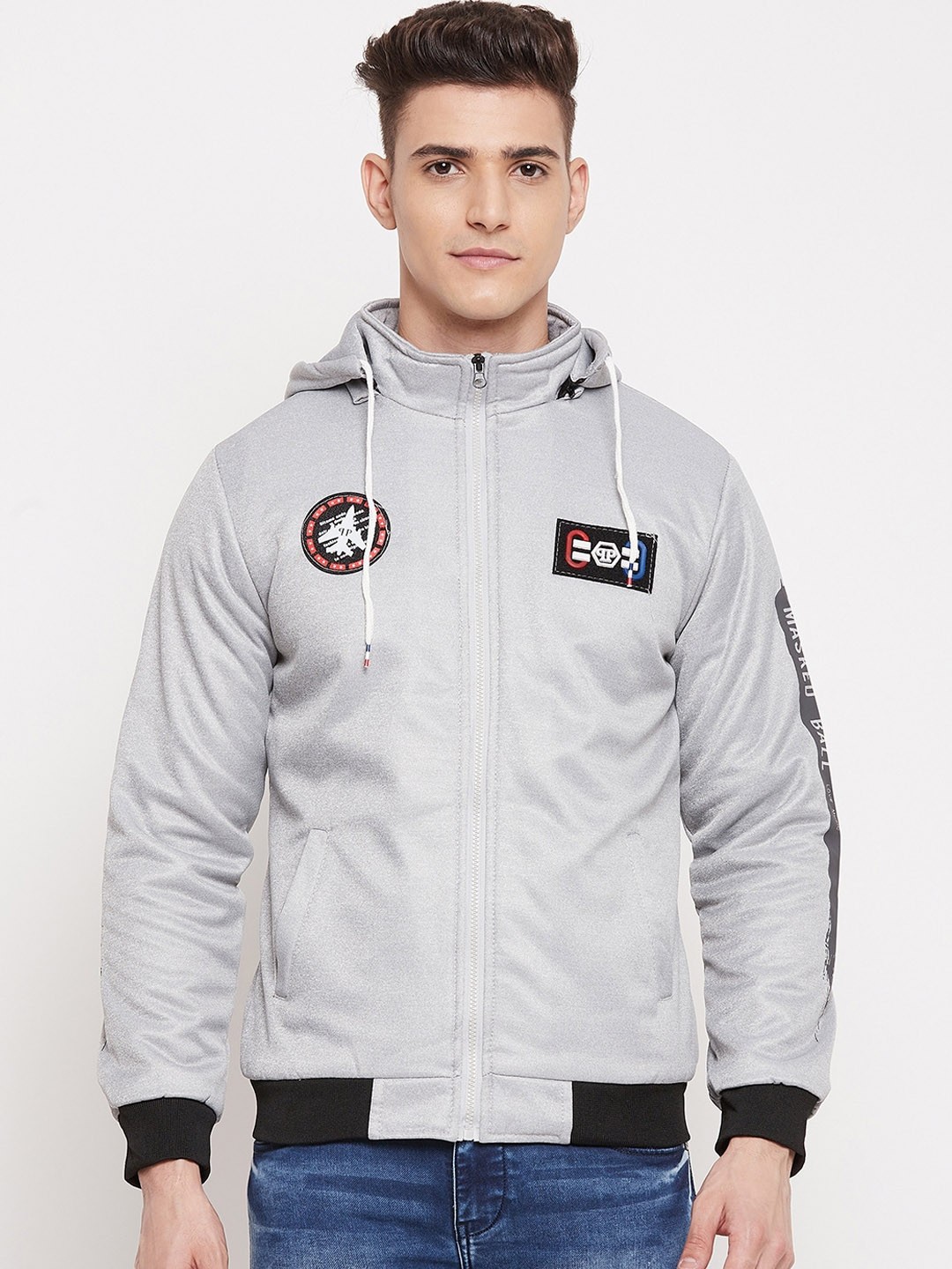 

Camey Men Grey Lightweight Polyester Hooded Bomber Jacket