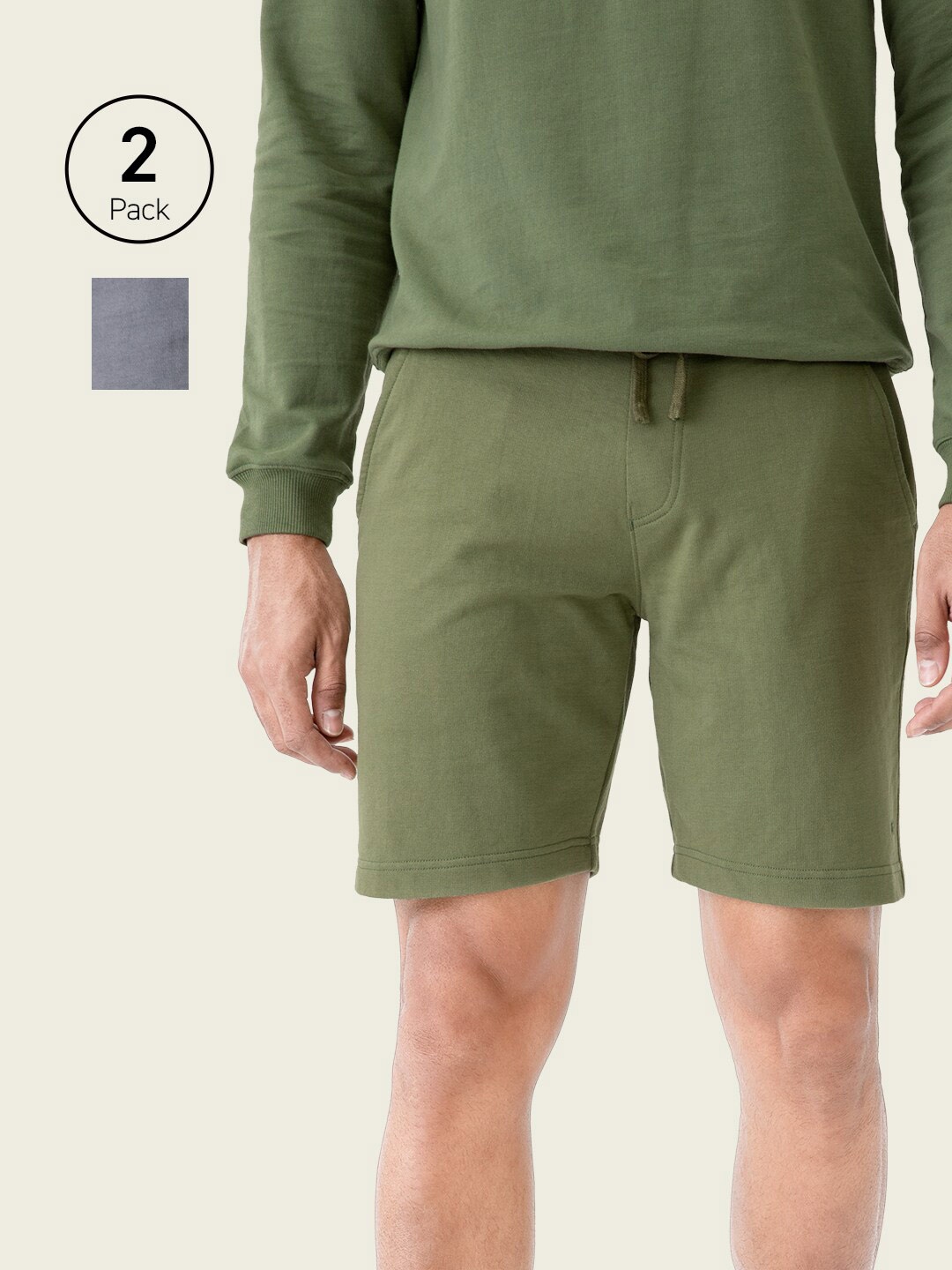 

DAMENSCH Men Pack Of 2 Solid Olive Green & Grey Cotton Shorts