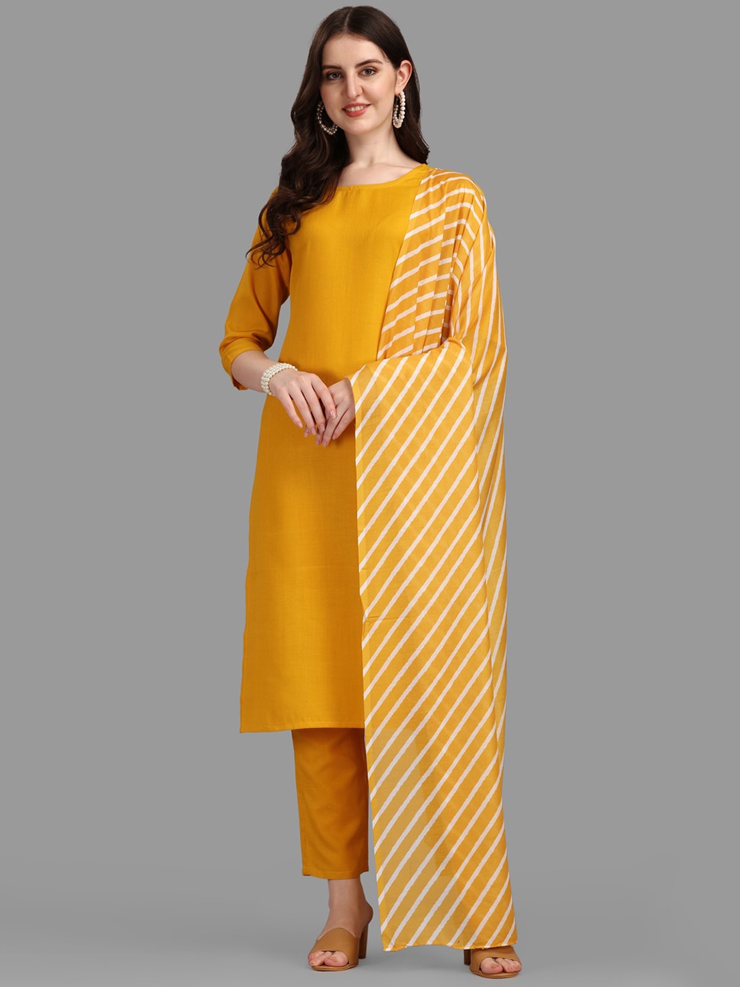 

Anaita Women Mustard Yellow Kurta with Trousers & With Dupatta