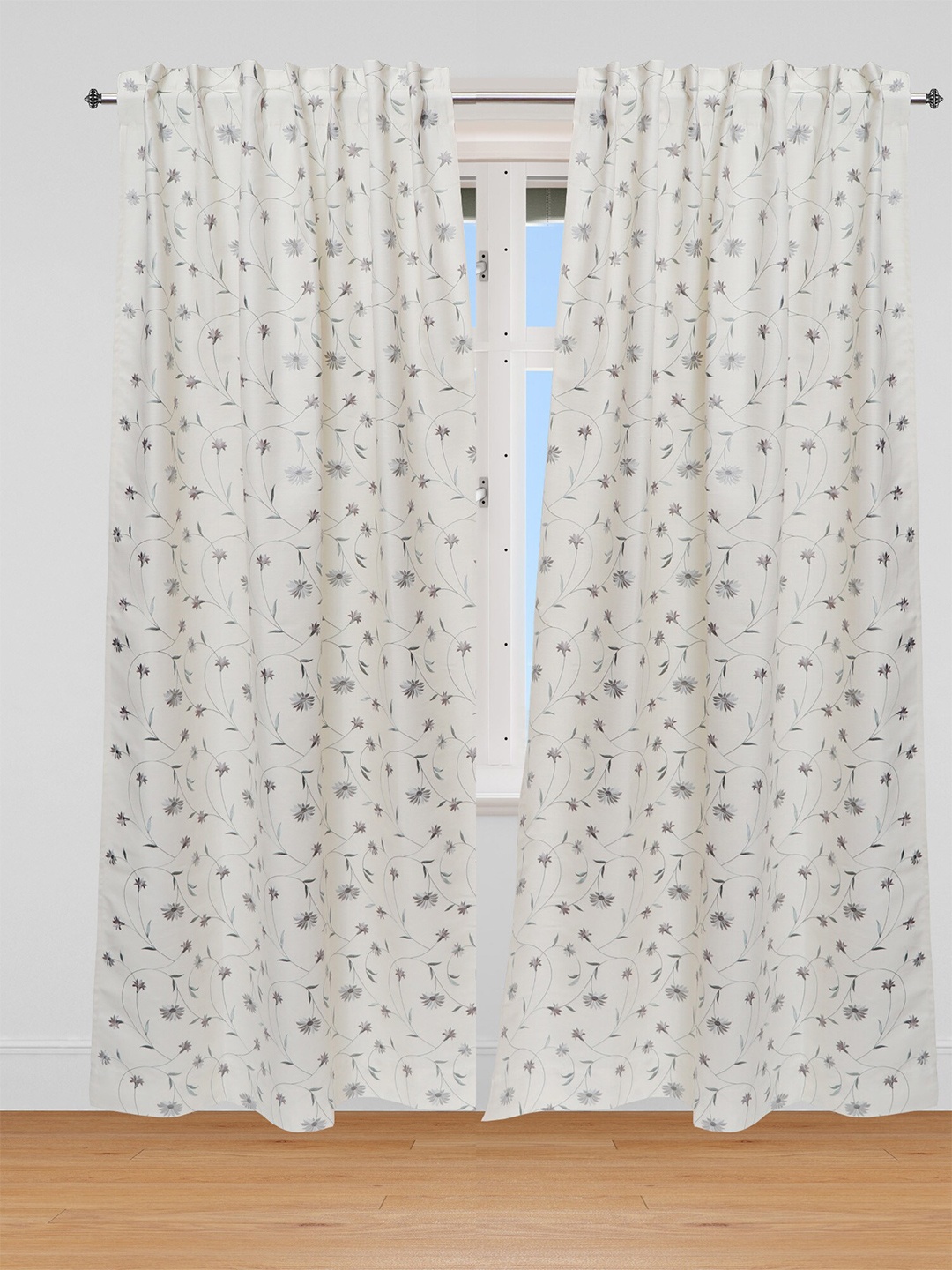 

ZEBA Off White & Green Embroidered Window Curtain