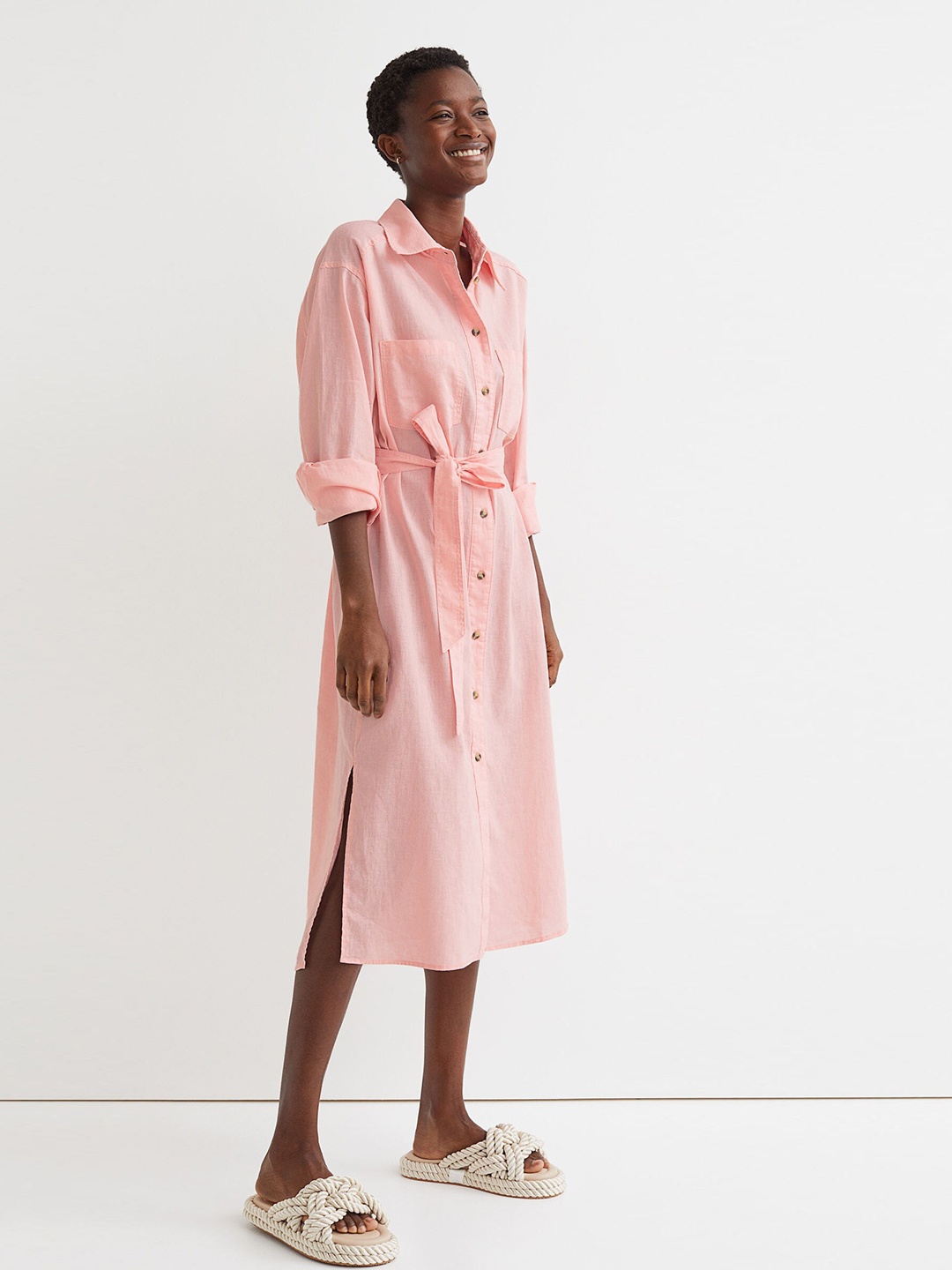 

H&M Pink Solid Tie-Belt Shirt Dress