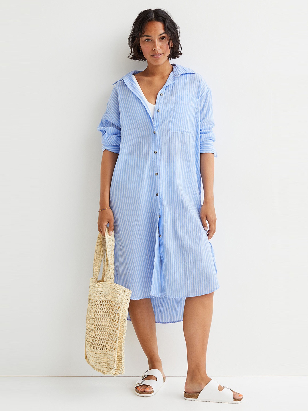 H&M Blue & White Striped Pure Cotton Shirt Midi Dress