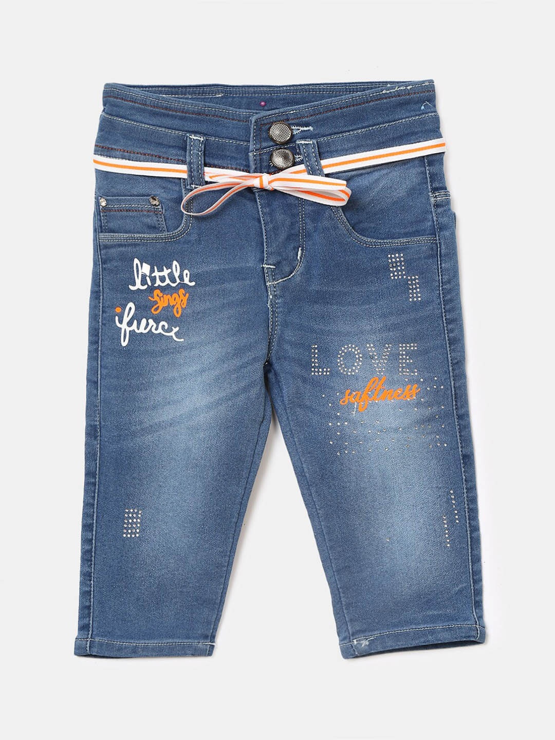 

V-Mart Girls Blue Typography Printed Light-Fade Denim Shorts