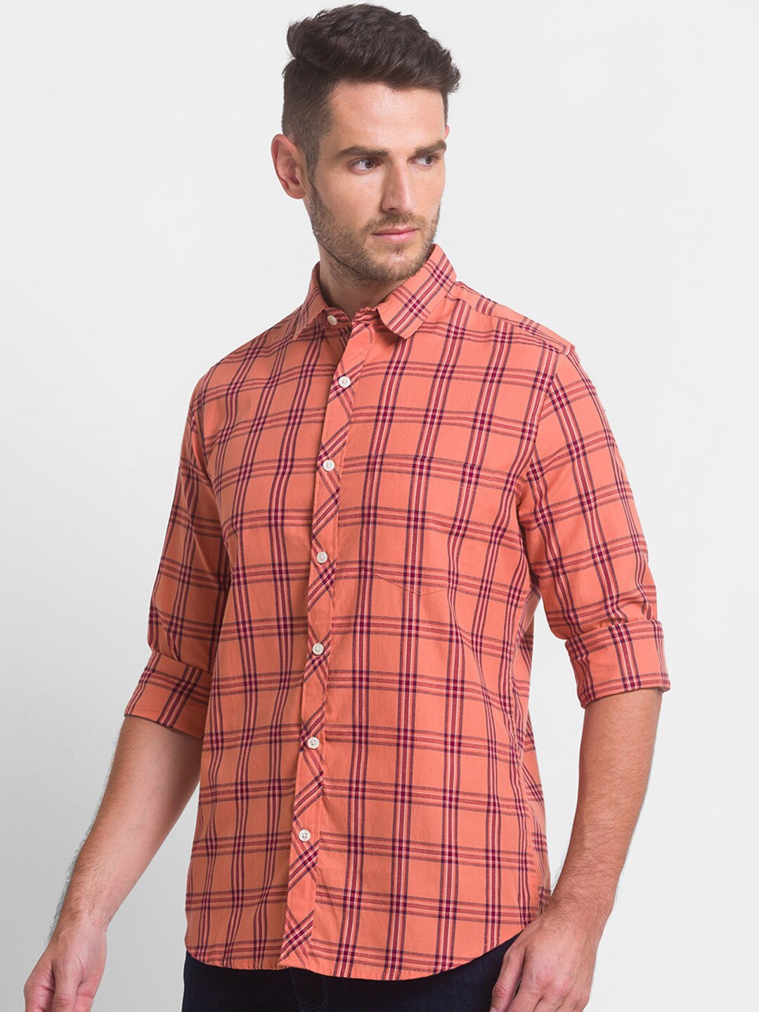 

Globus Men Peach Checked Cotton Casual Shirt