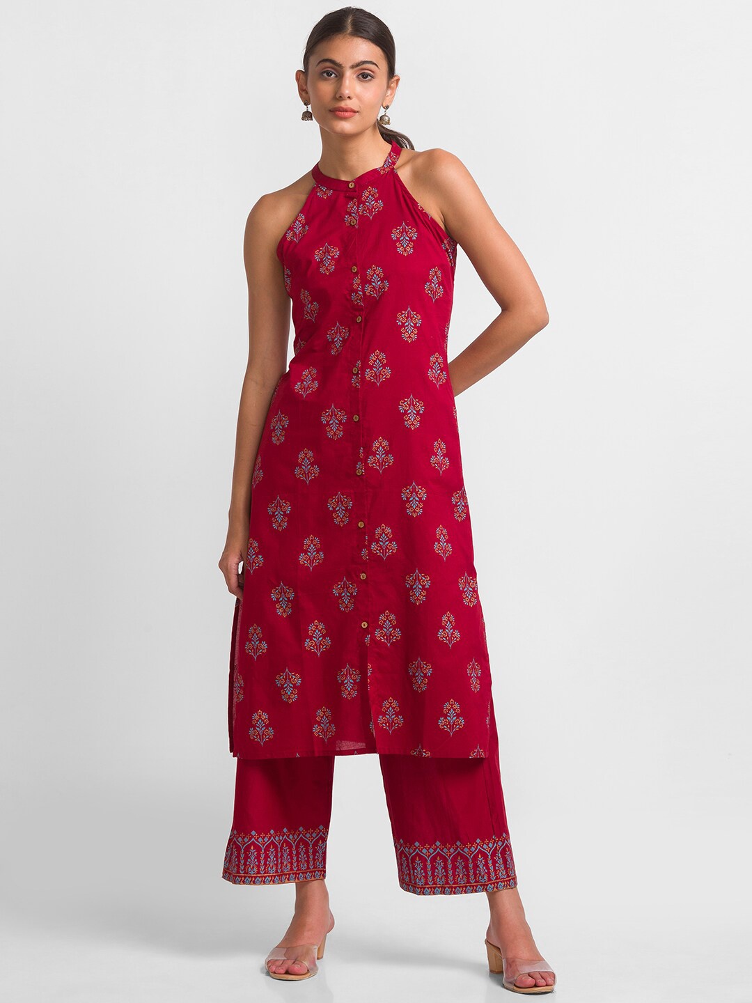 

Globus Women Maroon Ethnic Motifs Printed Pure Cotton Kurta with Palazzos