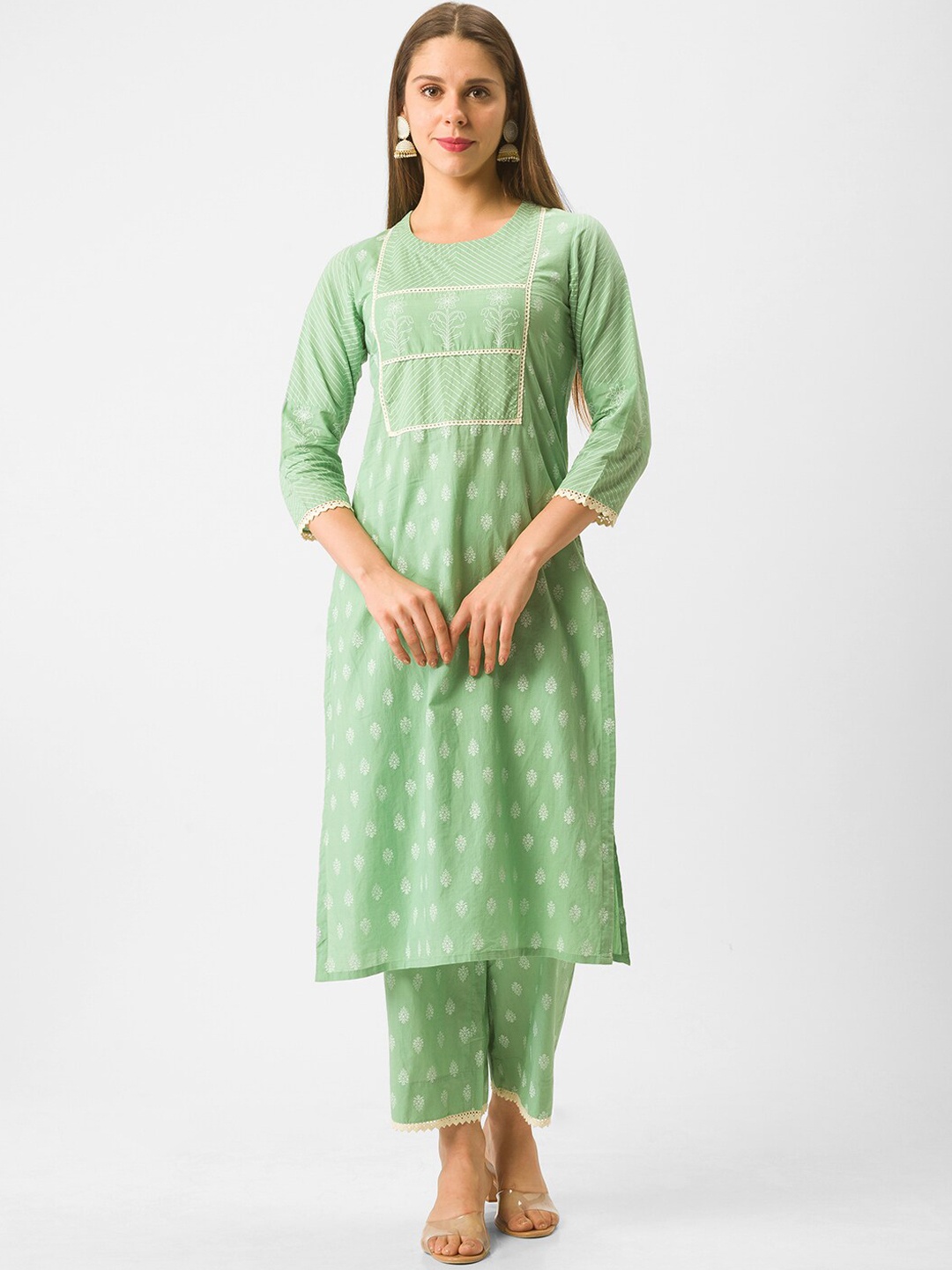 

Globus Women Green Ethnic Motifs Printed Pure Cotton Kurta with Trousers