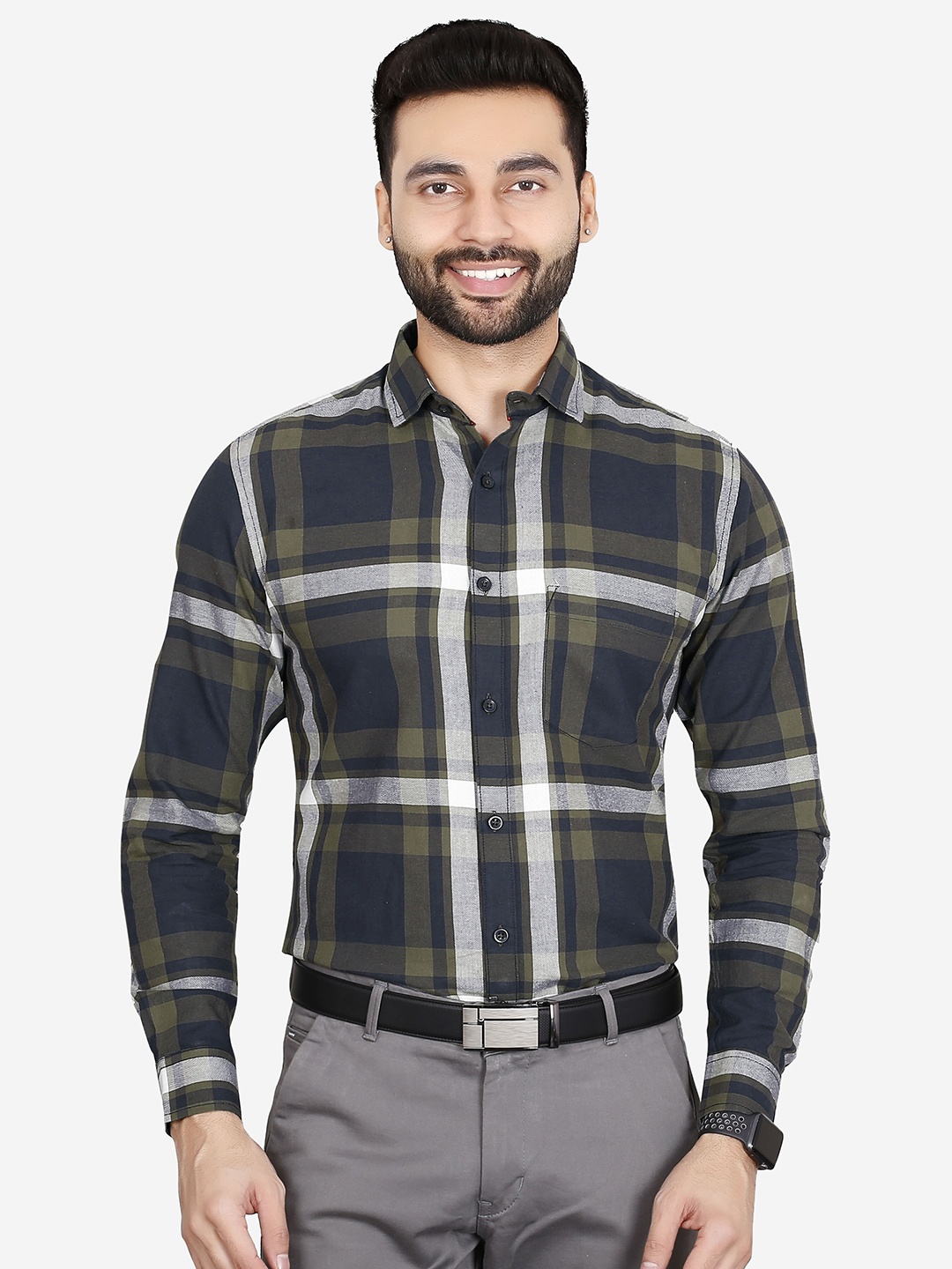

5TH ANFOLD Men Green Slim Fit Checked Cotton Formal Shirt