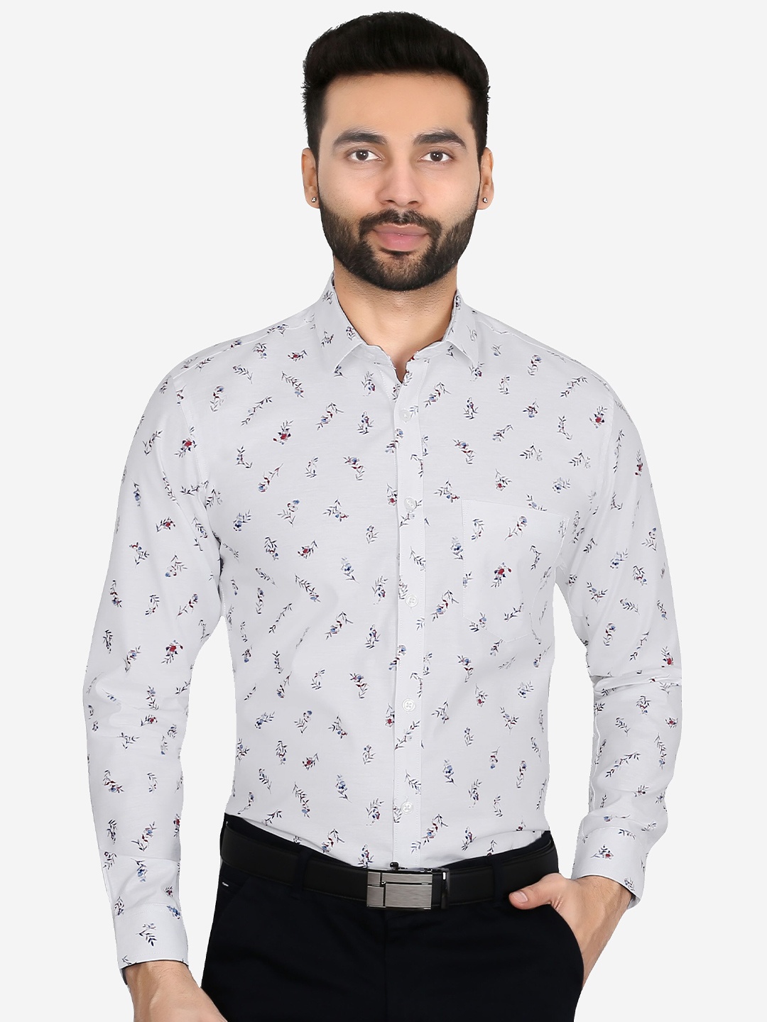 

5TH ANFOLD Men White Floral Printed Cotton Slim Fit Formal Shirt