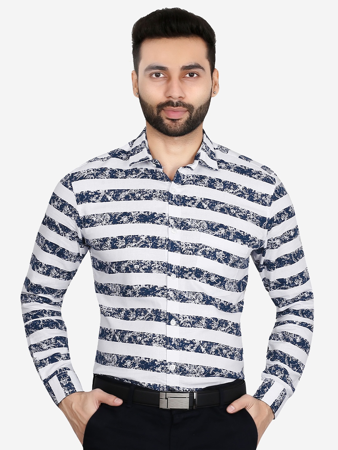 

5TH ANFOLD Men Blue Slim Fit Horizontal Striped Casual Shirt