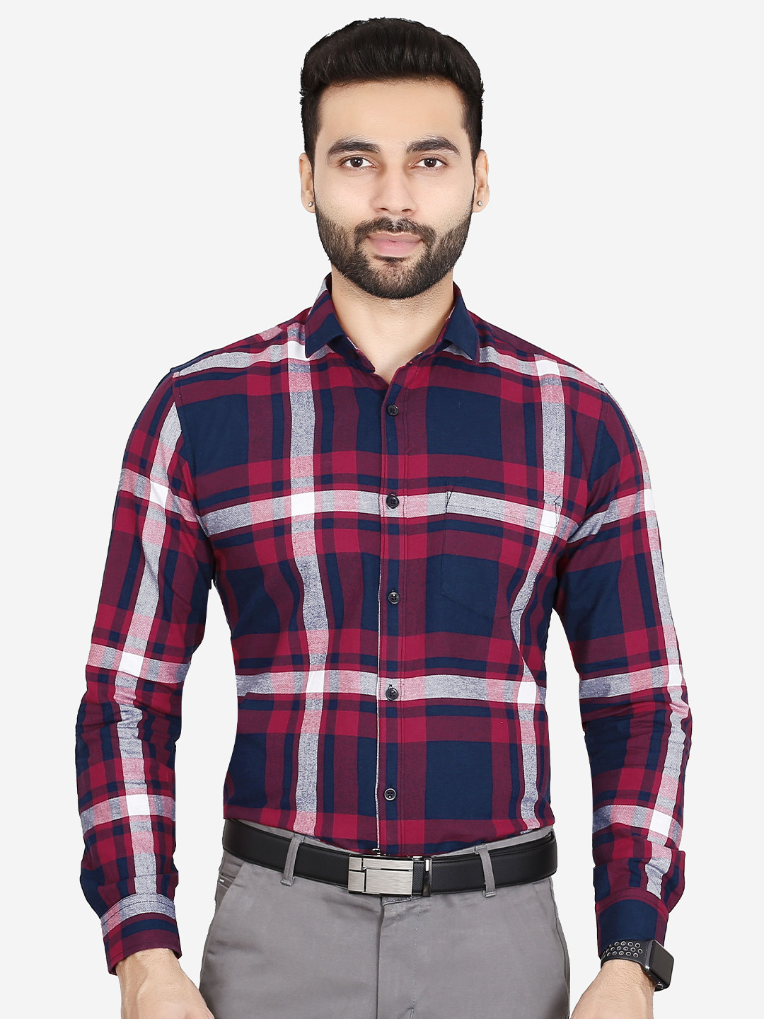 

5TH ANFOLD Men Red Checked Cotton Slim Fit Formal Shirt