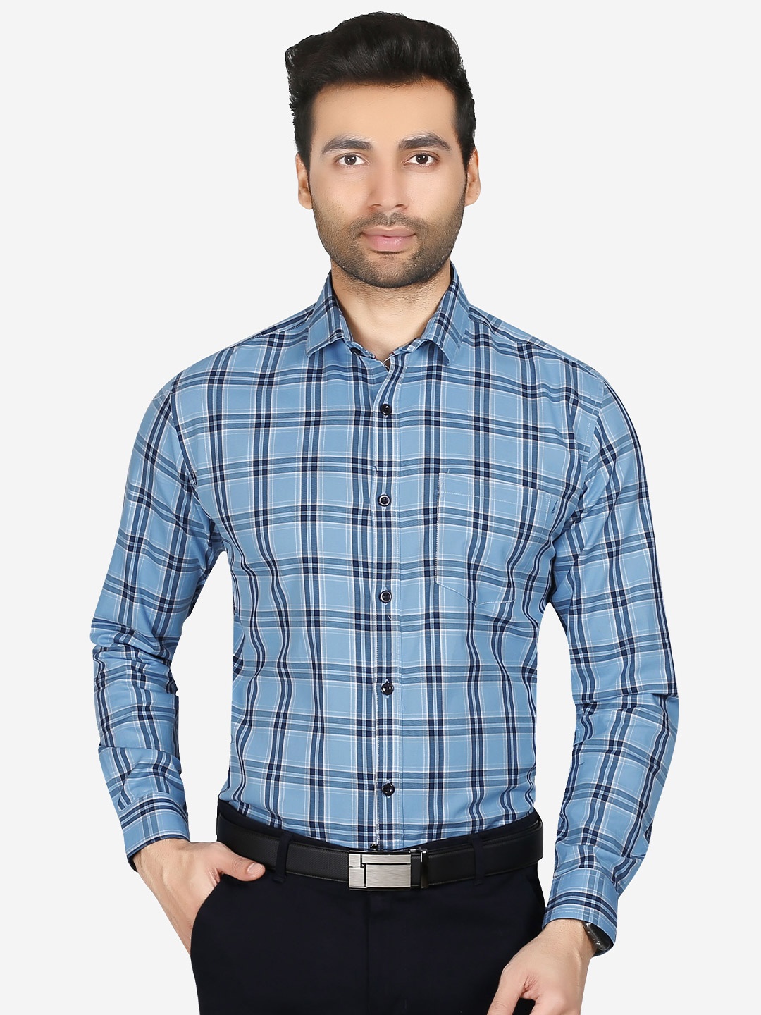 

5TH ANFOLD Men Blue Slim Fit Tartan Checks Checked 100% Cotton Formal Shirt