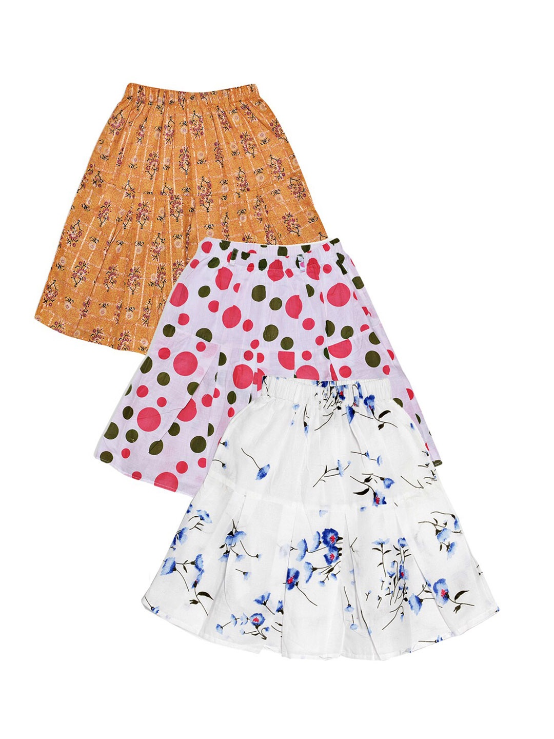 

Fashionable Girls Pack Of 3 Printed Pure Cotton Flared Above Knee Skirts, White