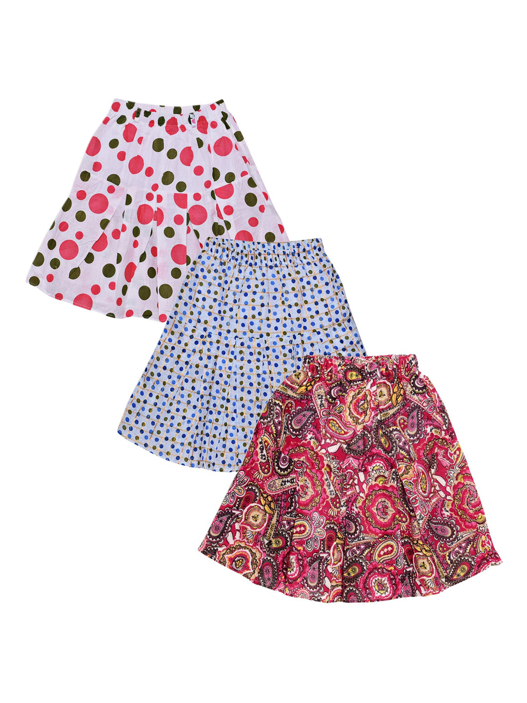 

Fashionable Girls Pack Of 3 White & Pink Printed Cotton Above Knee Flared Skirts