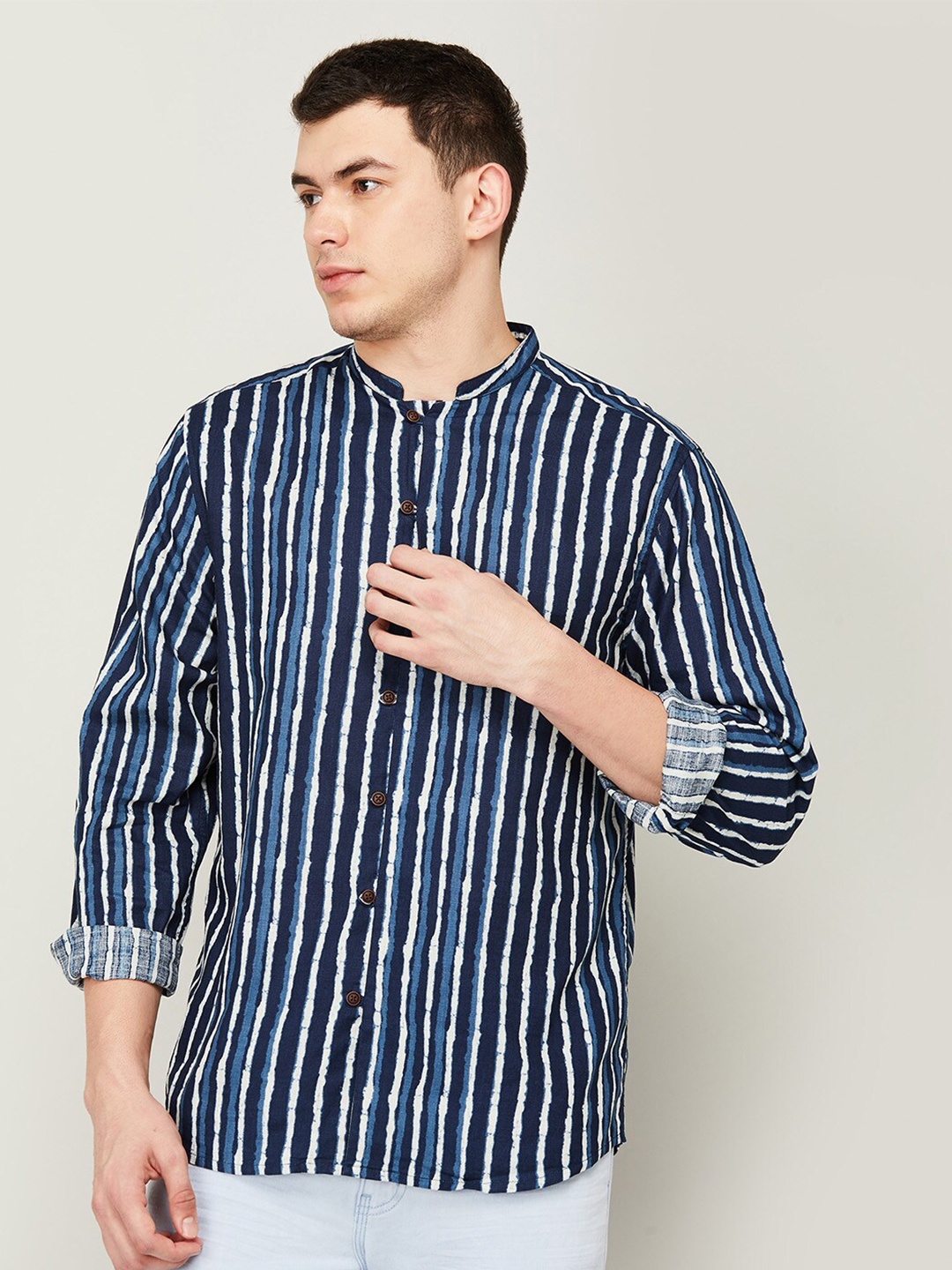 

Melange by Lifestyle Men Blue Striped Cotton Casual Shirt