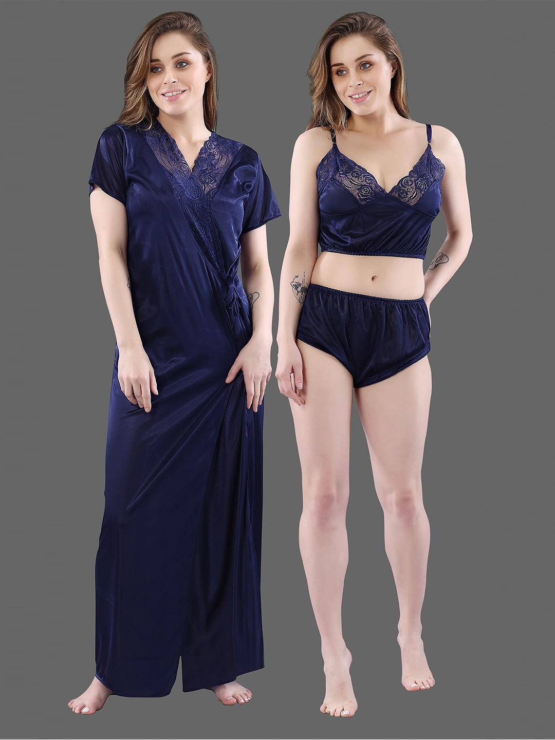 

Be You Women Set Of 2 Navy Blue Maxi 1Robe with Lingerie Set Nightdress
