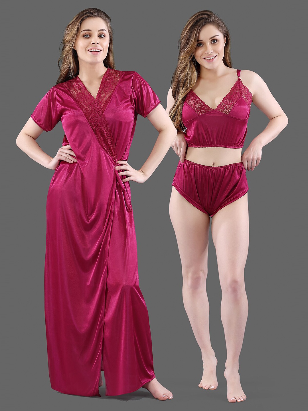 

Be You Magenta Maxi Satin 3 Piece Nightdress