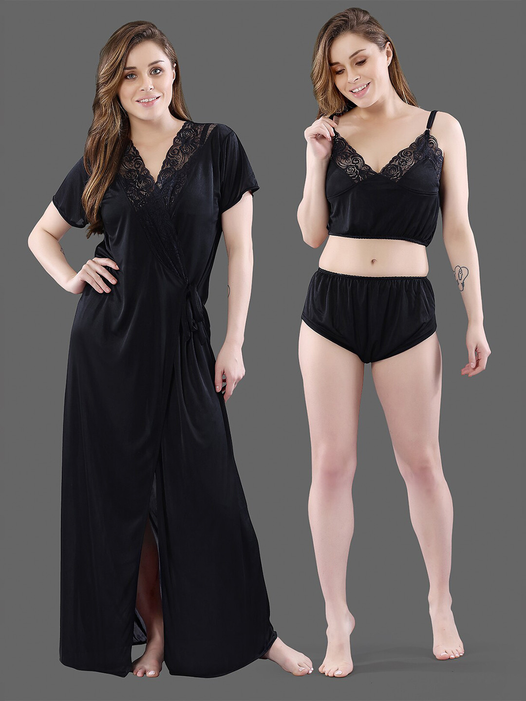 

Be You Women Black Solid Satin 3 Piece Nightwear Set