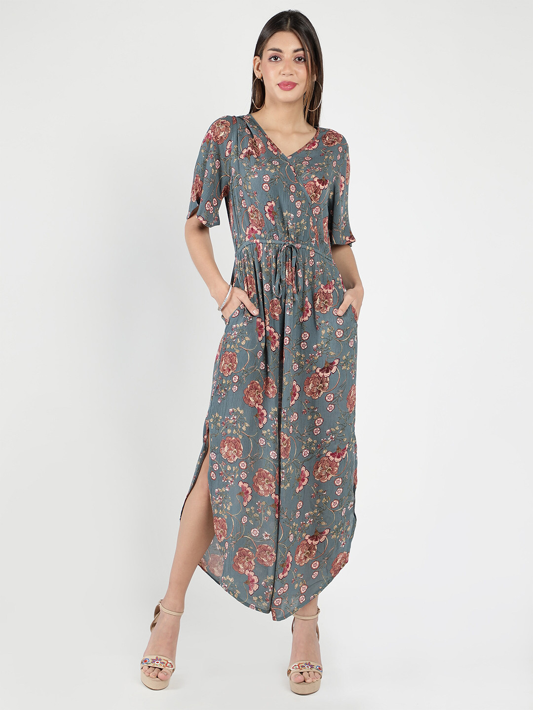 

DEBONATELLA Grey Floral Crepe Ethnic Maxi Dress