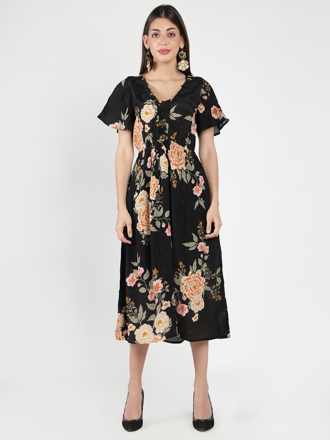 

DEBONATELLA Women Black Floral Printed Crepe Fit & Flare Dress