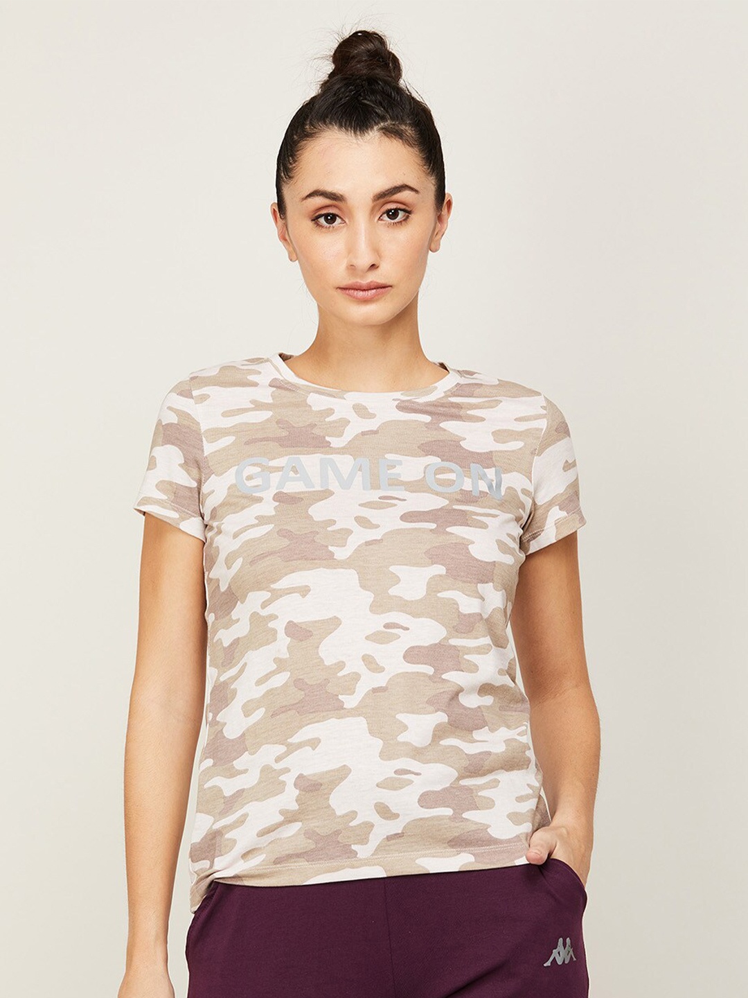 

Kappa Women Beige Camouflage Printed 100% Cotton T-shirt