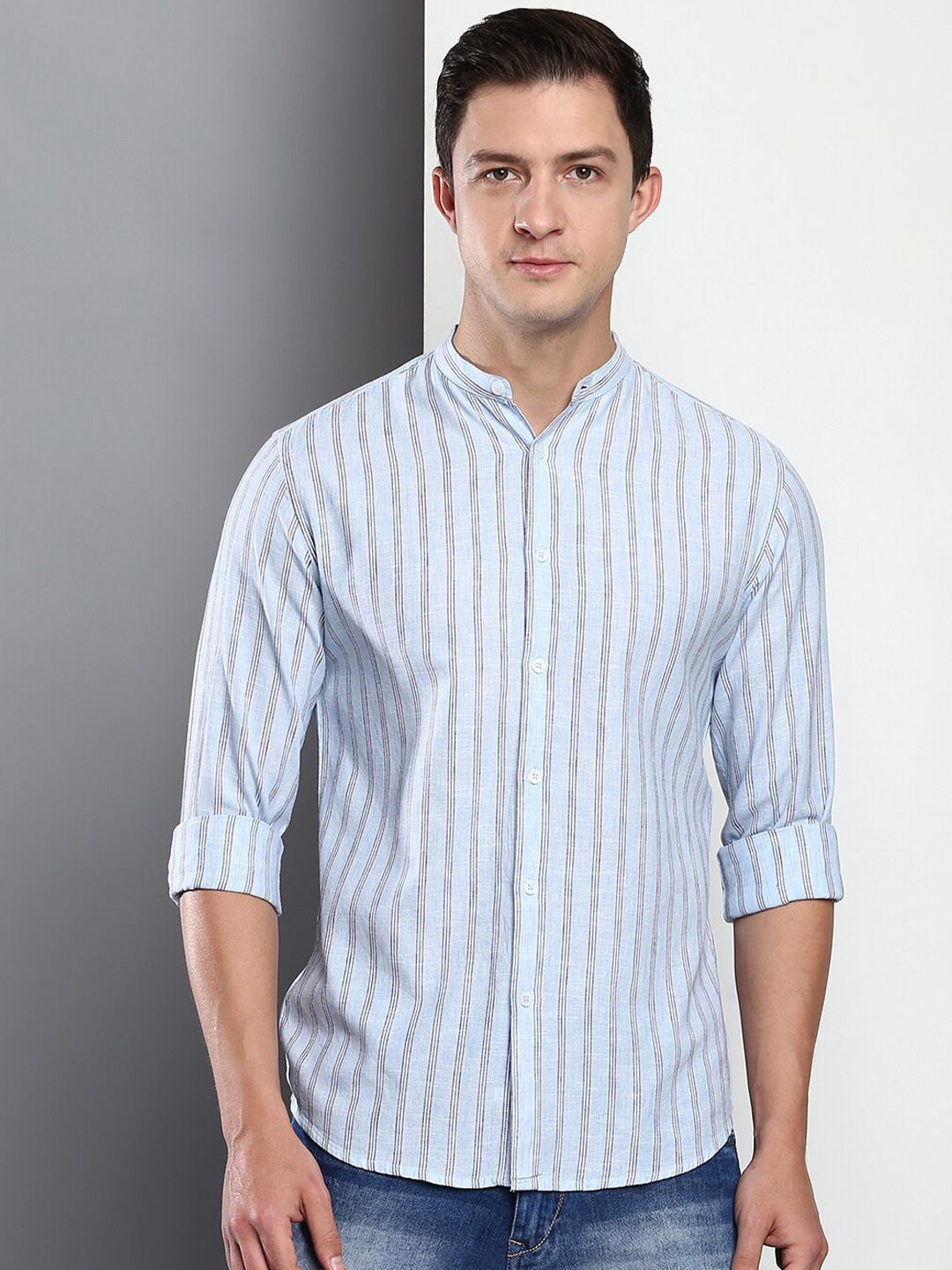 

Dennis Lingo Men Blue Slim Fit Striped 100% Cotton Casual Shirt