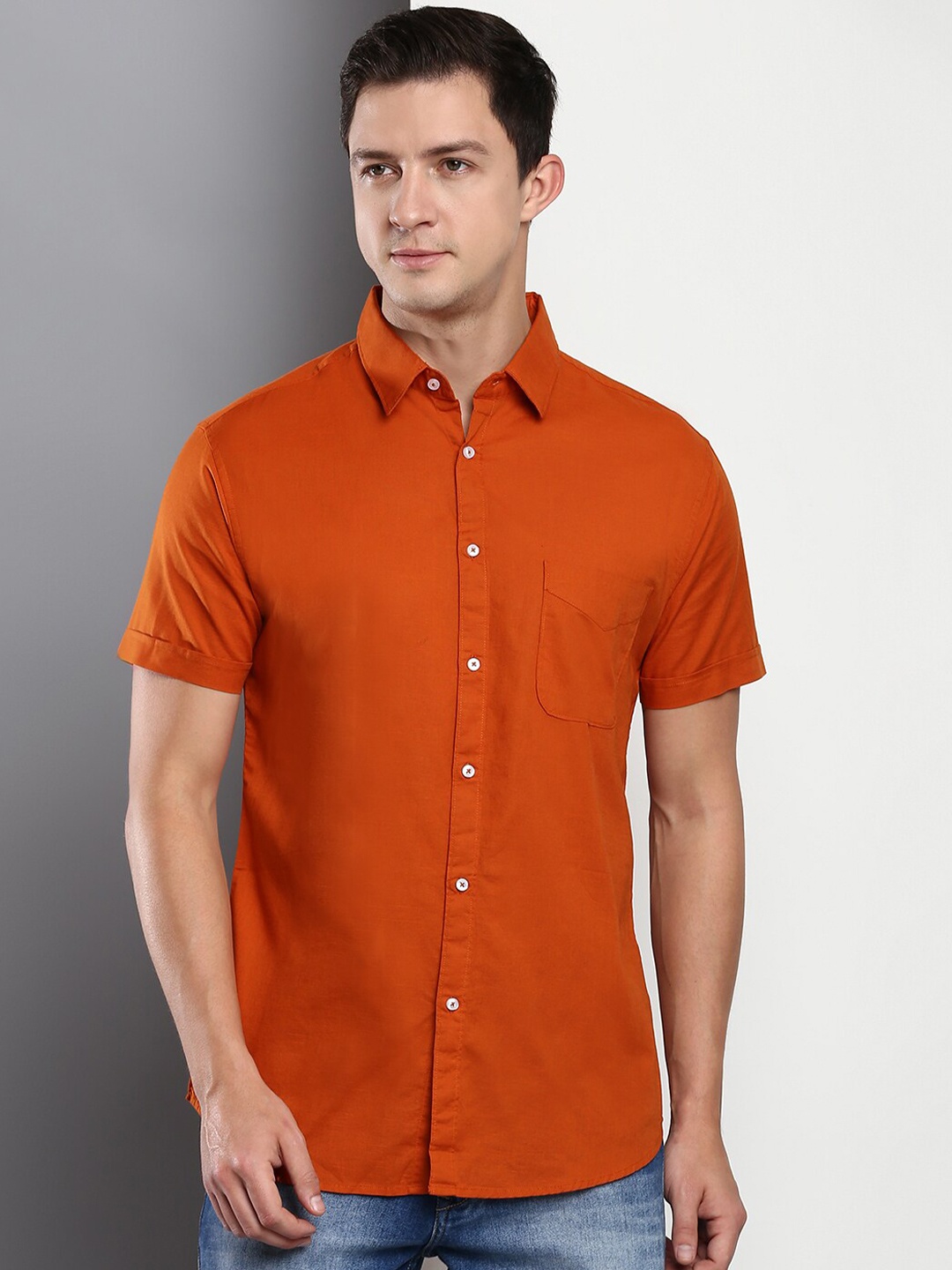 

Dennis Lingo Men Rust Orange Slim Fit Casual Shirt
