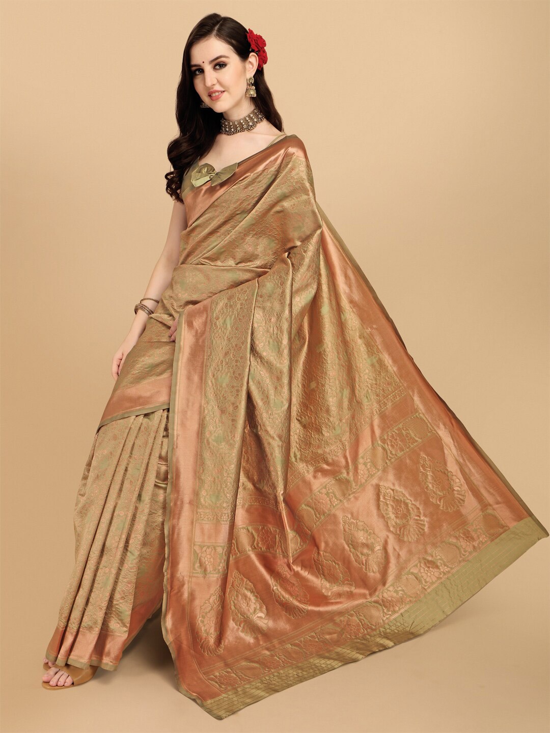 

Ethnic Junction Olive Green Ethnic Motifs Zari Silk Blend Banarasi Saree