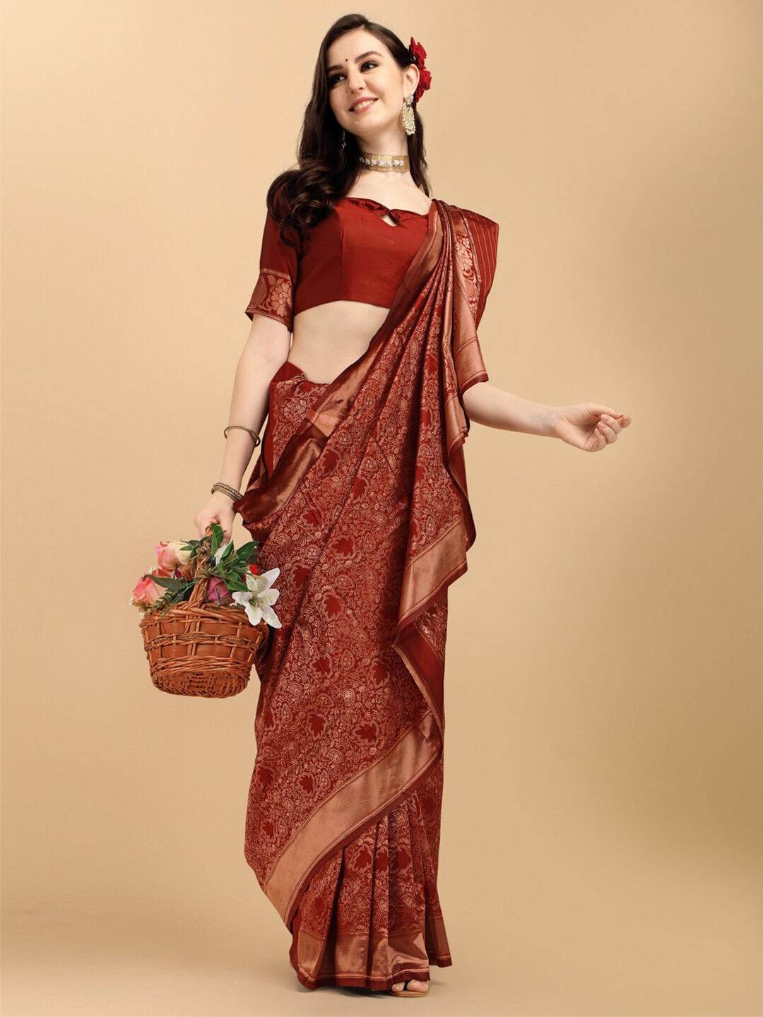 

Ethnic Junction Maroon Woven Design Embellished Zari Silk Blend Banarasi Saree
