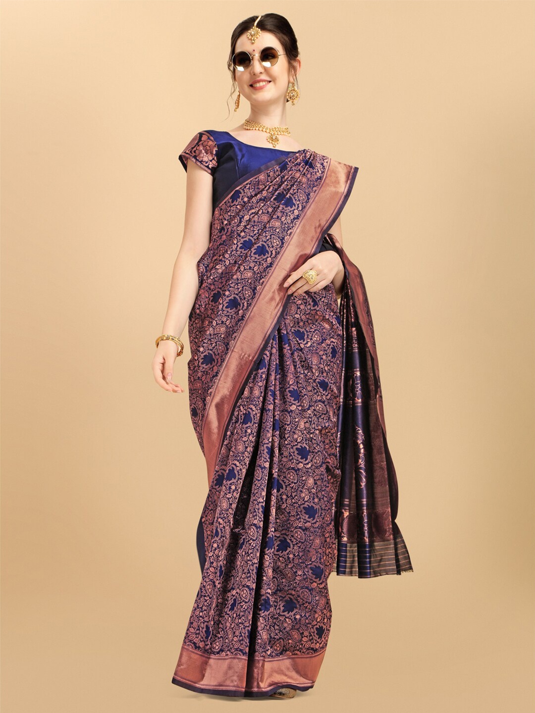 

Ethnic Junction Navy Blue & Rose Gold Woven Design Zari Silk Blend Banarasi Saree