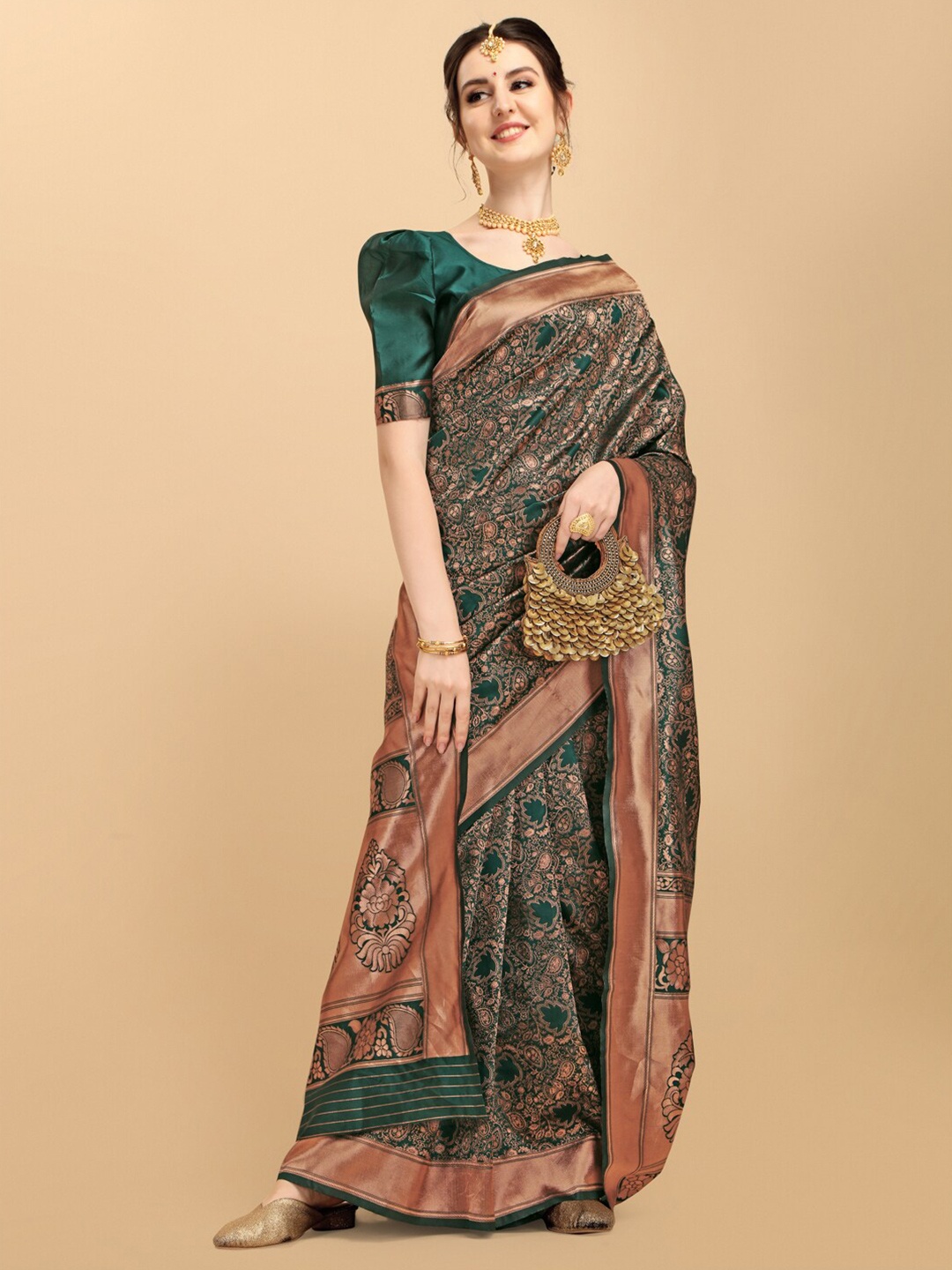 

Ethnic Junction Woven Design Embellished Zari Silk Blend Banarasi Saree, Black