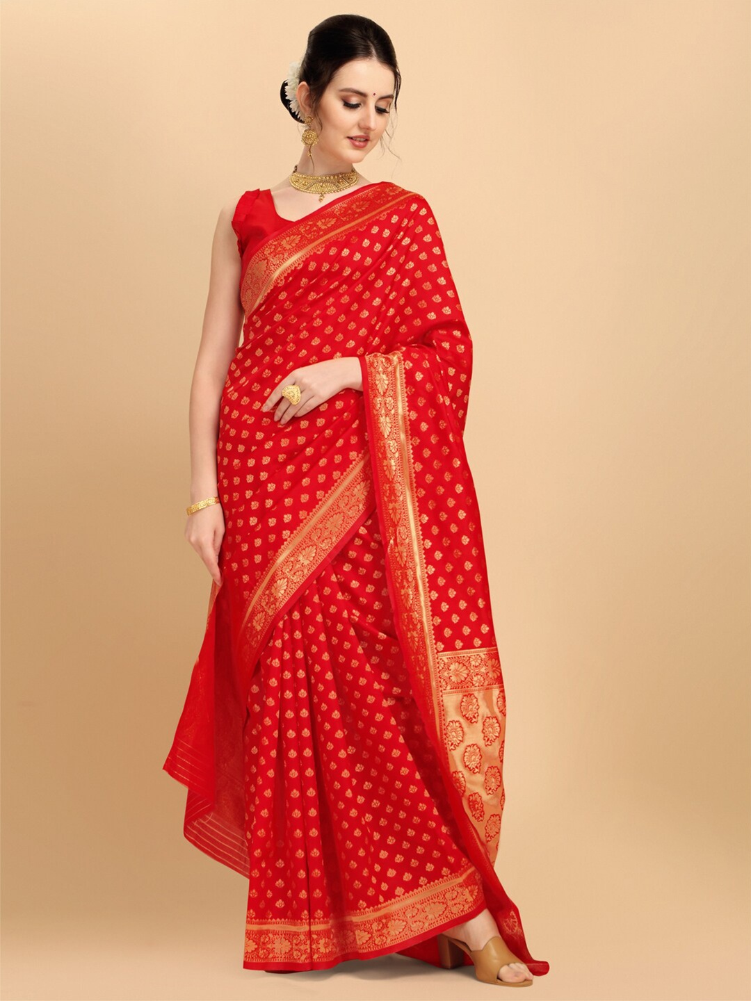 

Ethnic Junction Red Woven Design Embellished Zari Silk Blend Banarasi Saree