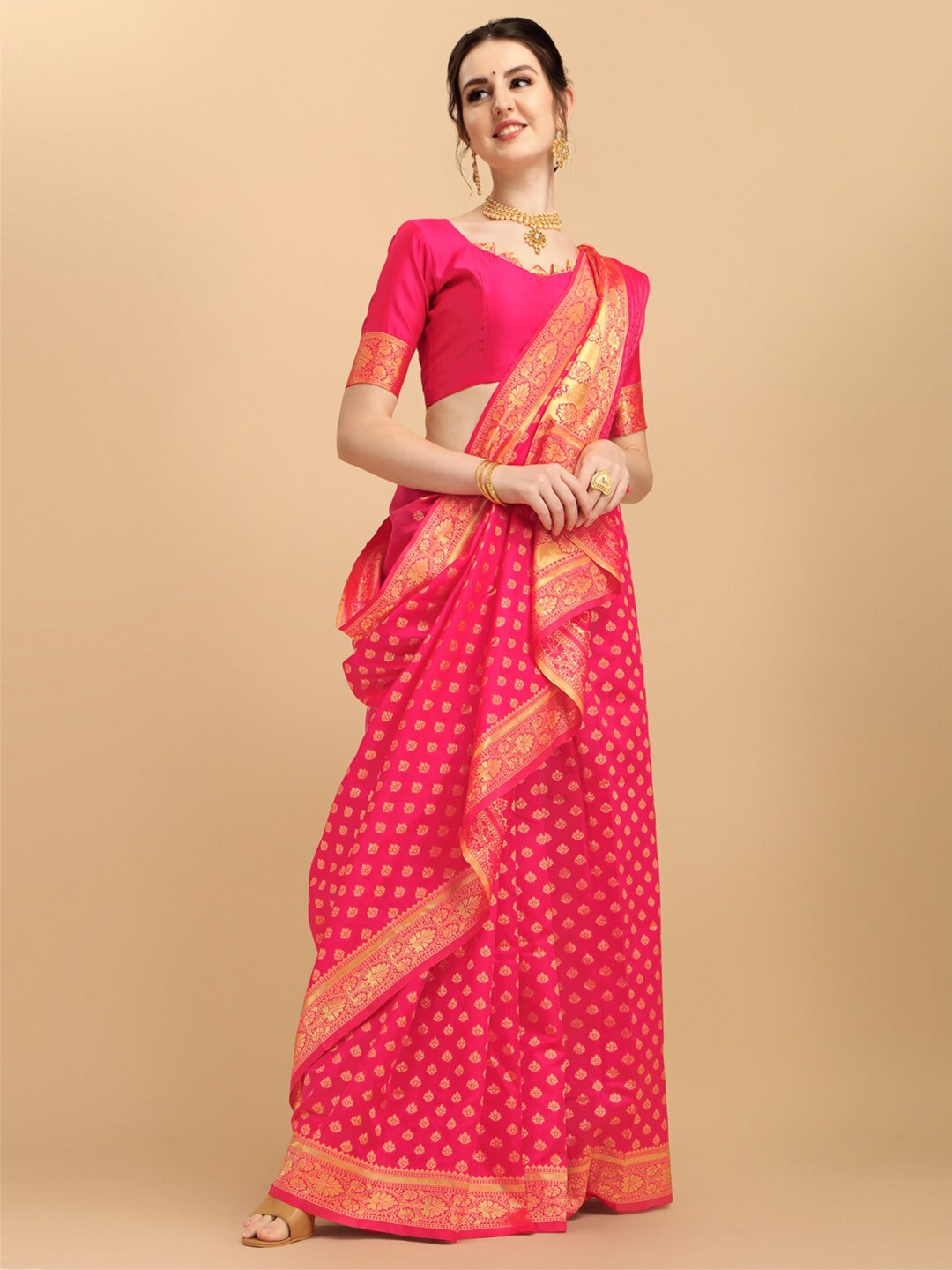 

Ethnic Junction Woven Design Embellished Zari Silk Blend Banarasi Saree, Pink