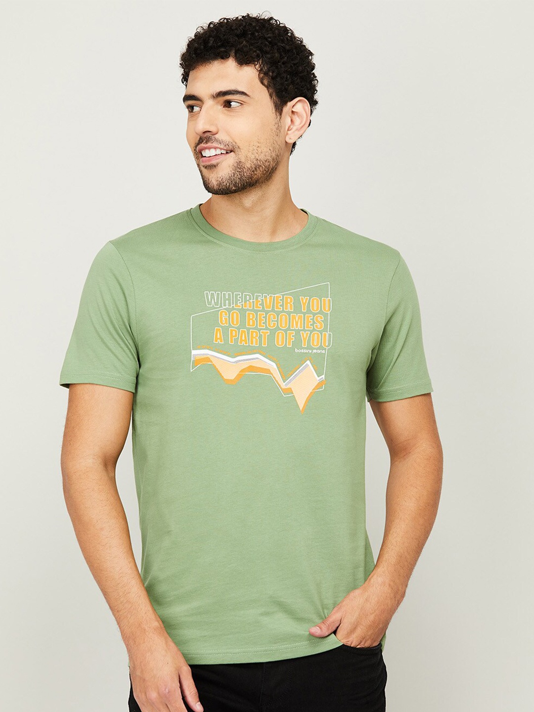 

Bossini Men Green Sports Printed 100% Cotton T-shirt