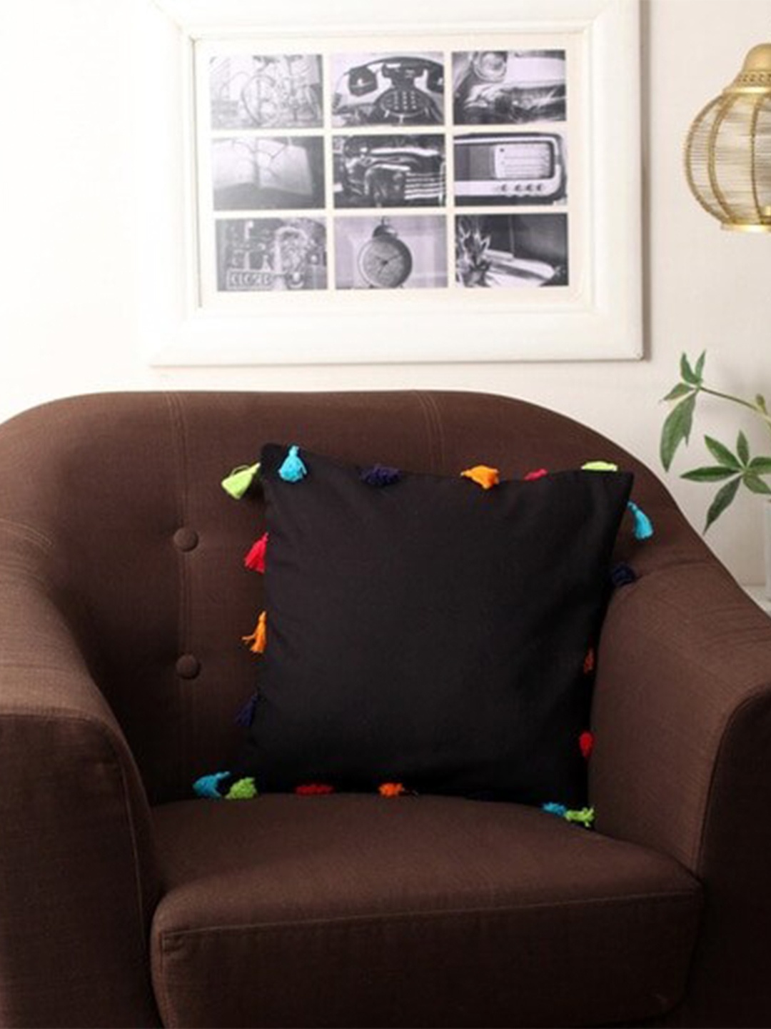 

Lushomes Black Set of 5 Square Cushion Covers with Colorful Pom Pom