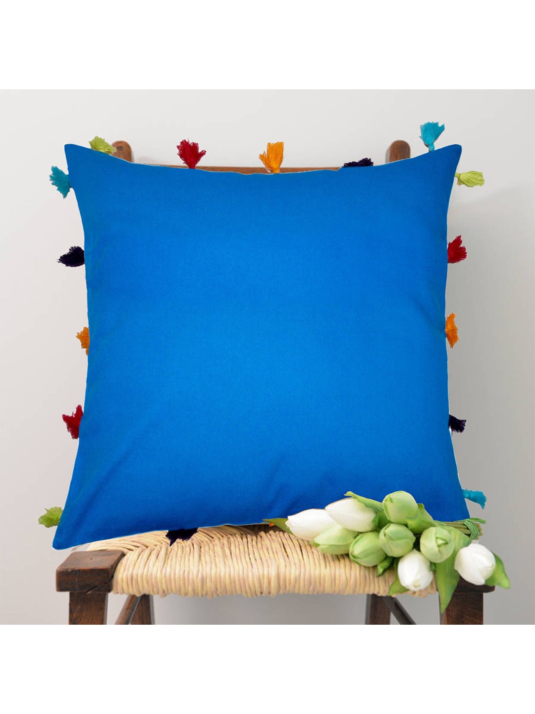 

Lushomes Blue Set of 3 Square Cushion Covers with Colorful Pom Pom