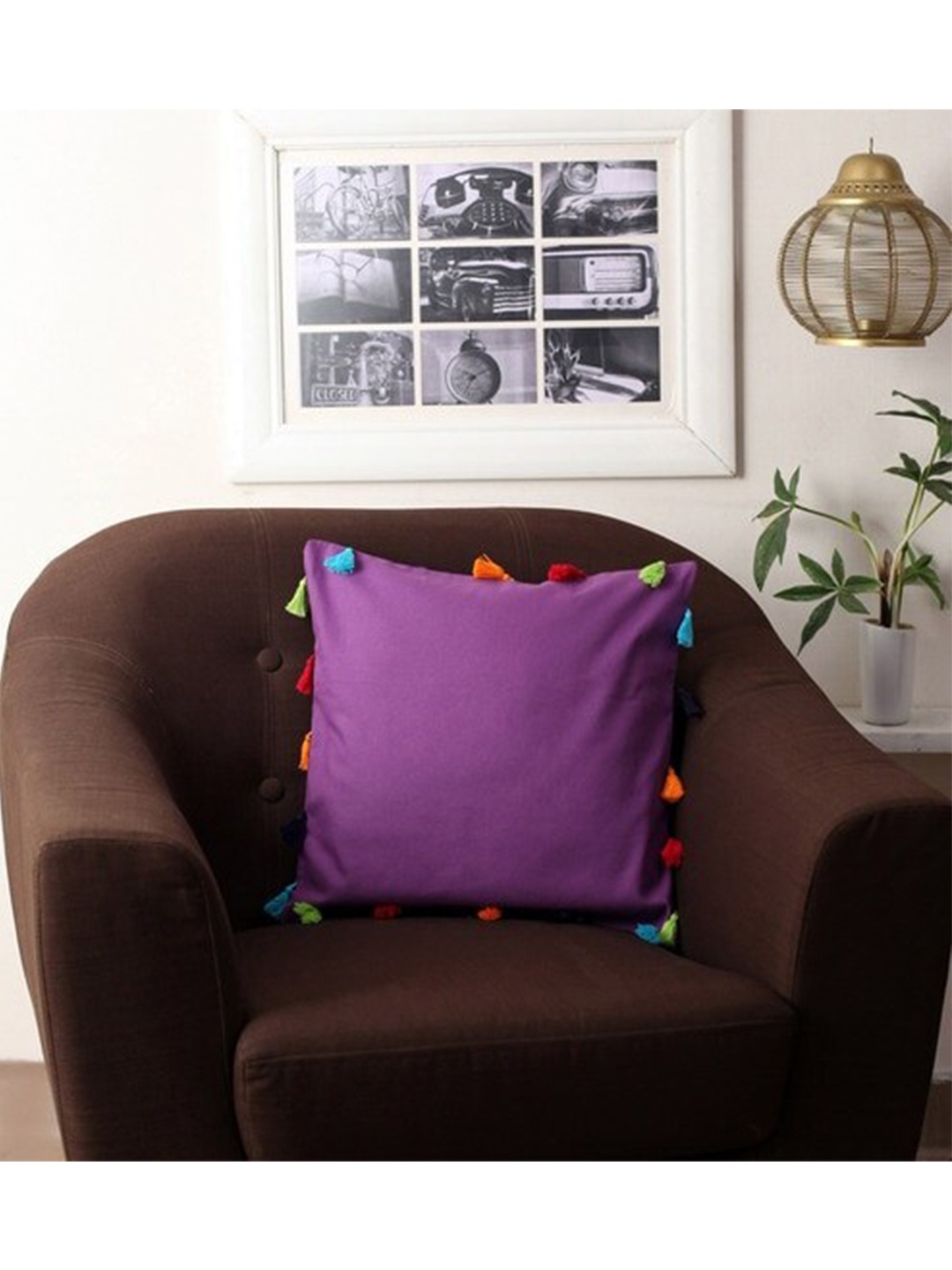 

Lushomes Purple & Green with Colorful Pom Pom Set of 5 Square Cushion Covers