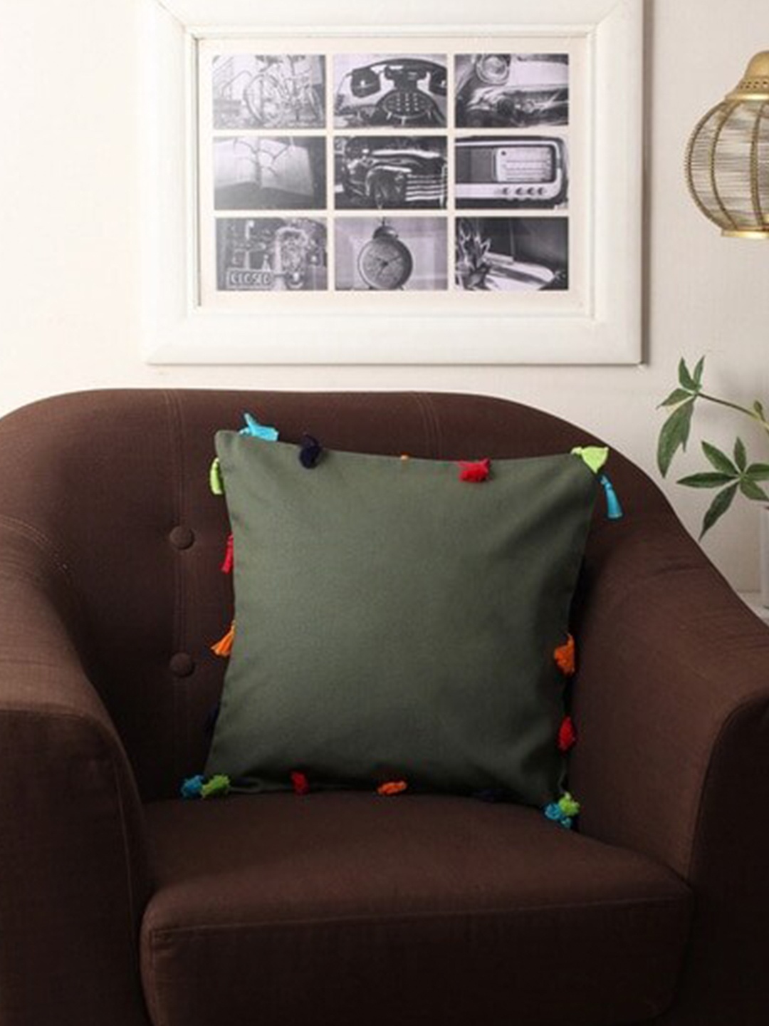 

Lushomes Green Set of 5 Square Cushion Covers with Colorful Pom Pom