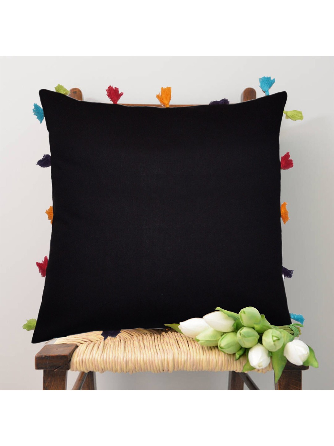 

Lushomes Black Pom Pom Detail Square Cushion Covers Set of 5