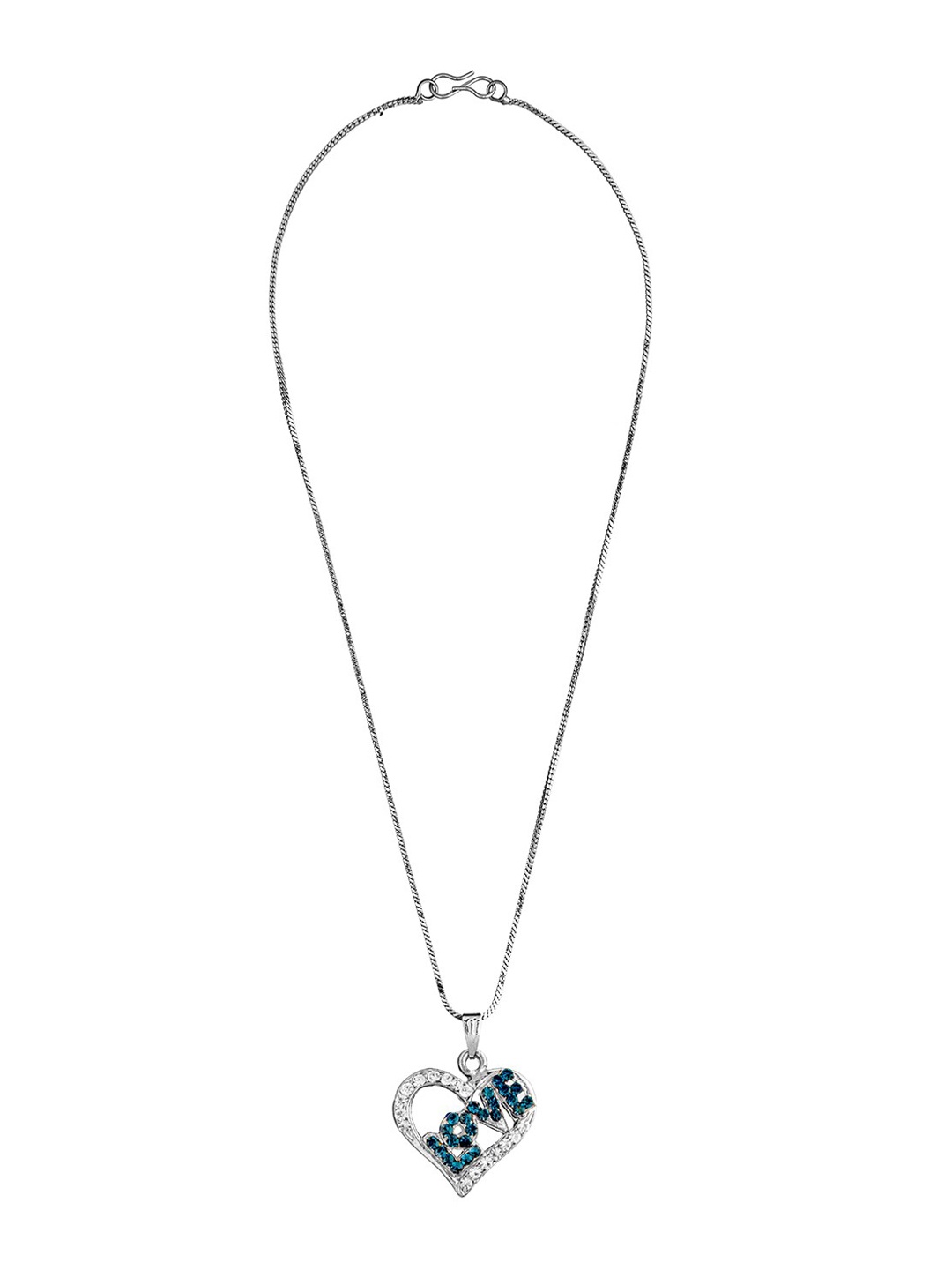 

Shining Jewel - By Shivansh Silver-Plated & Blue CZ-Studded Heart Shaped Inscribed Pendant With Chain